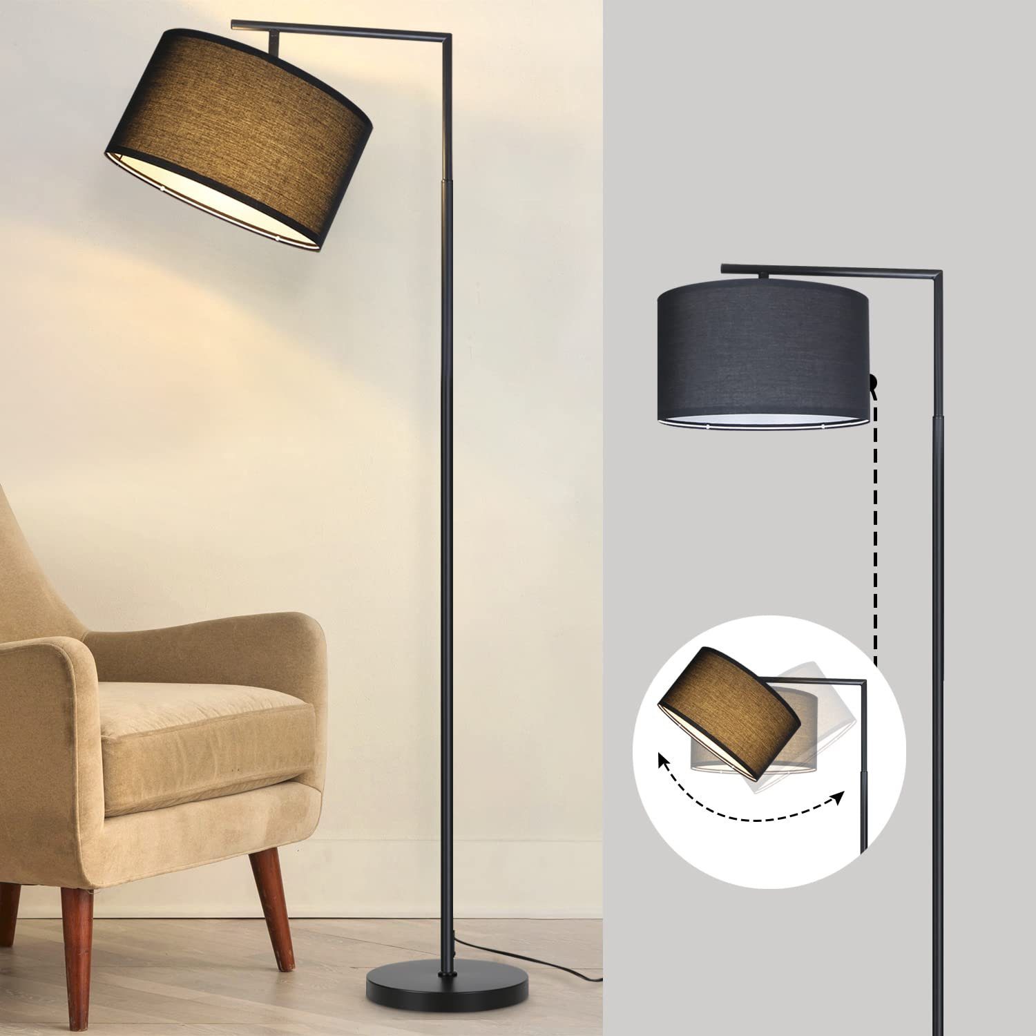 ZMH Stehlampe Whonzimmer Stoff Design Modern Deko Lese E27mit Fußschalter Bettlampe, Hochwertige Material, ohne Leuchtmittel, Runde Metallbasis, 180° verstellbarer Lampenkopf, Schwarz