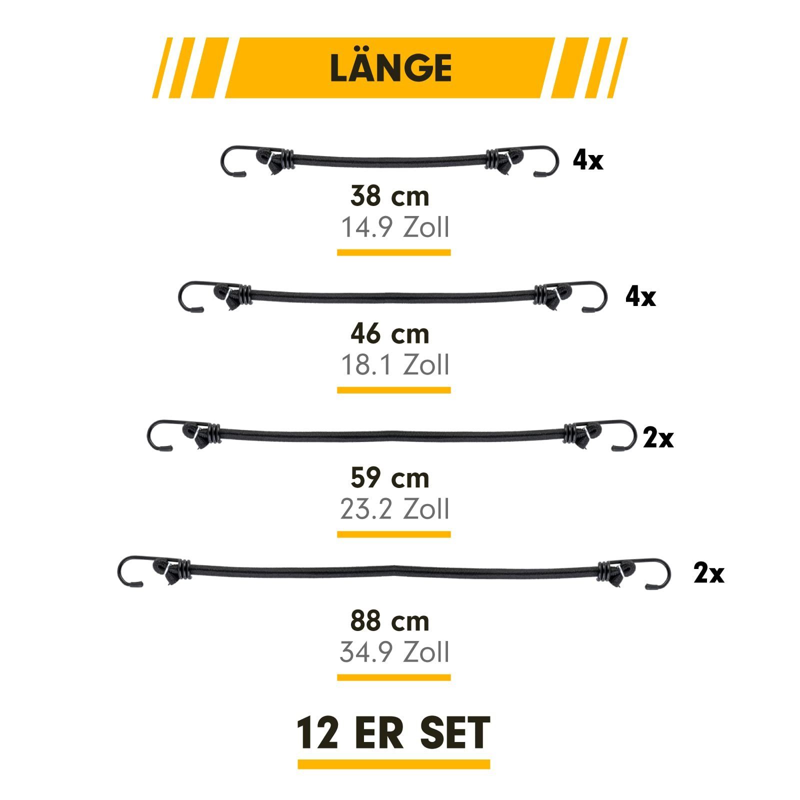 PRETEX Spanngurt 4 stark, extra stark, mit - Pack 12er - Schwarz, extra Längen Gummispanner Schwarz, 12er Haken Spanngummi Längen 4 Set