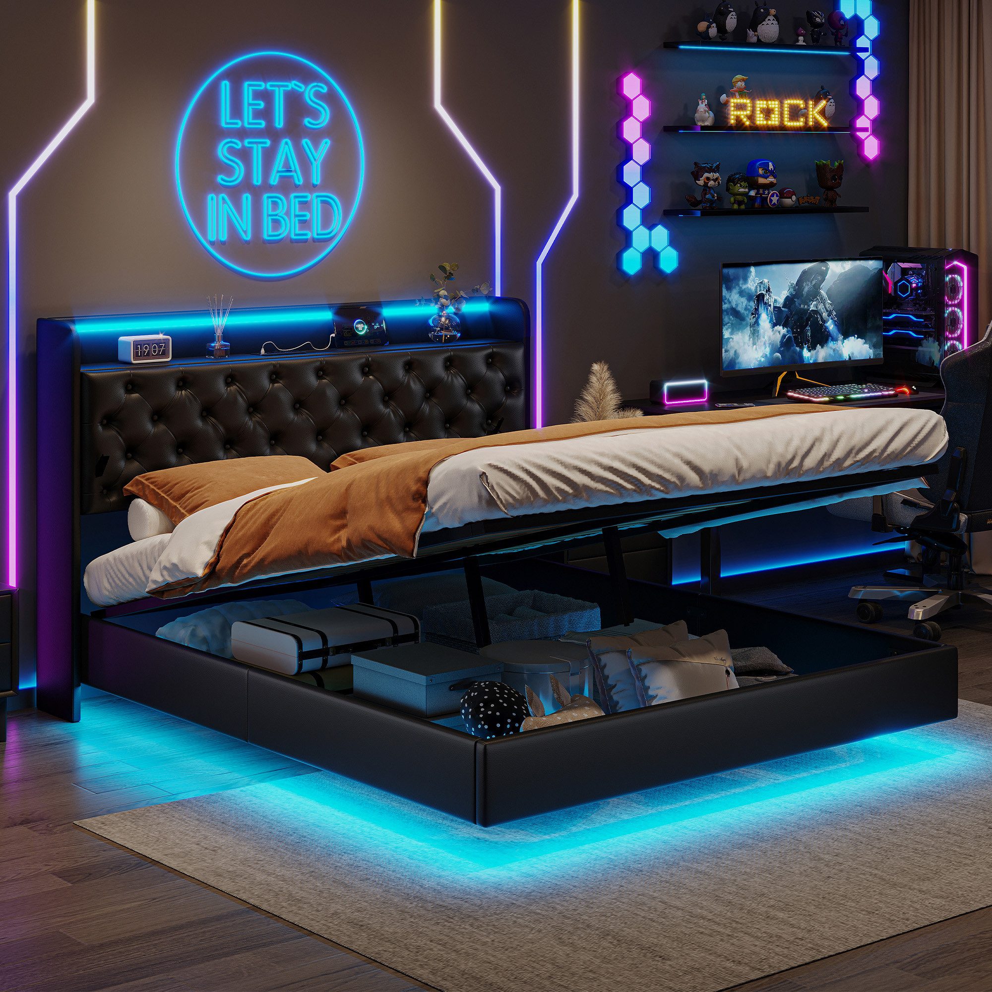 PXloue Polsterbett LED Doppelbett (Kein Bettfuß-Design), Stauraumbett, mit günstig online kaufen