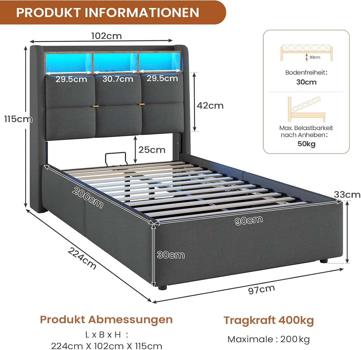 MSMASK Polsterbett mit LED Beleuchtung und günstig online kaufen