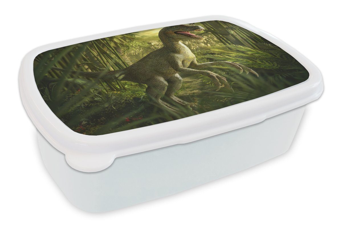 MuchoWow Lunchbox Dinosaurier - Pflanzen - Grün - Illustration - Kinder - Jungen, Kunststoff, (2-tlg), Brotbox für Kinder und Erwachsene, Brotdose, für Jungs und Mädchen weiß