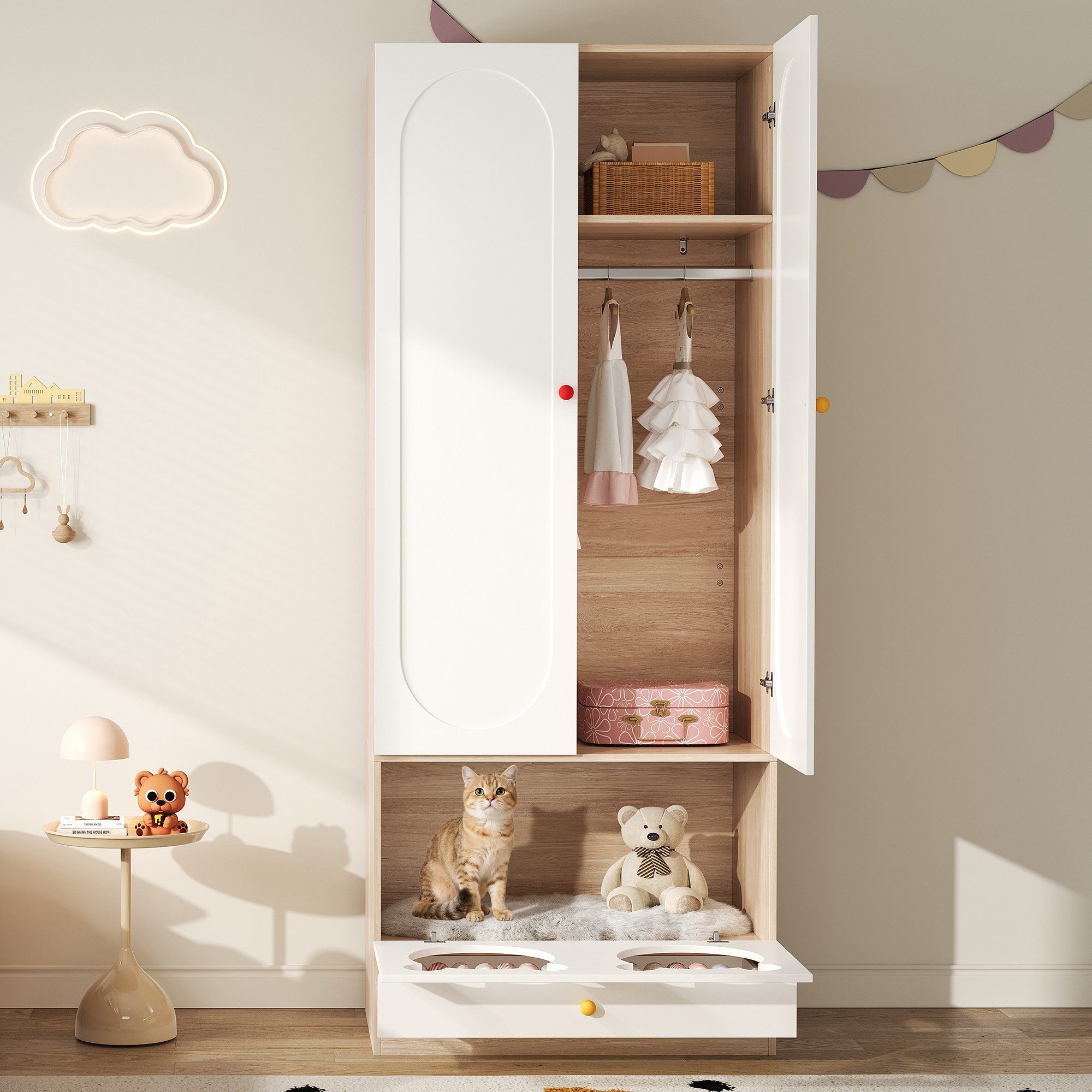 STILVORA Kleiderschrank mit Katzenbett,Kinderkleiderschrank Flurgarderobe m günstig online kaufen