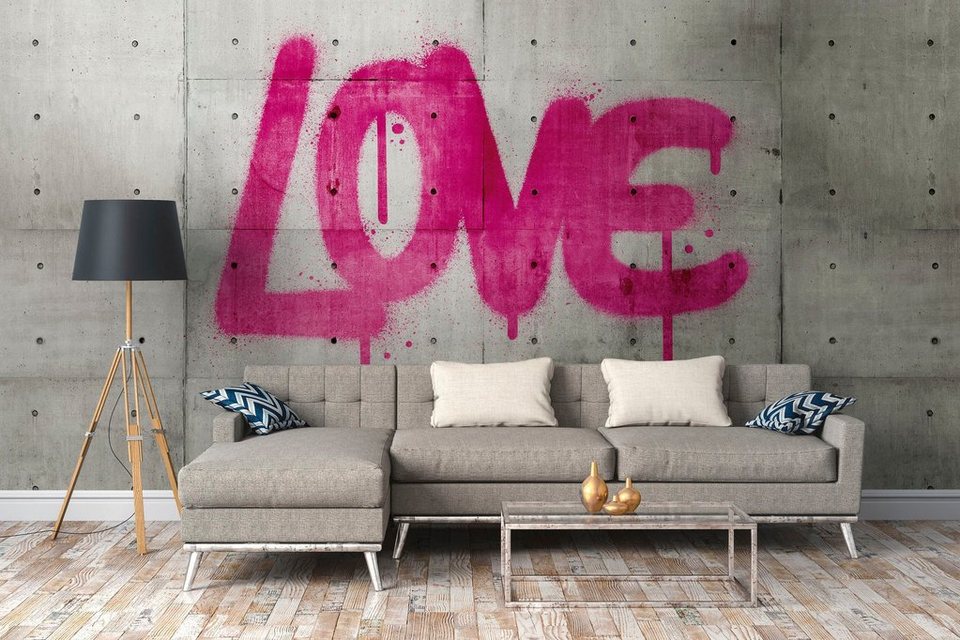 living walls Fototapete The Wall, glatt, Steinoptik, mit Schrift, urban,  Fototapete Modern Tapete Betonoptik Grau Pink | Vliestapeten