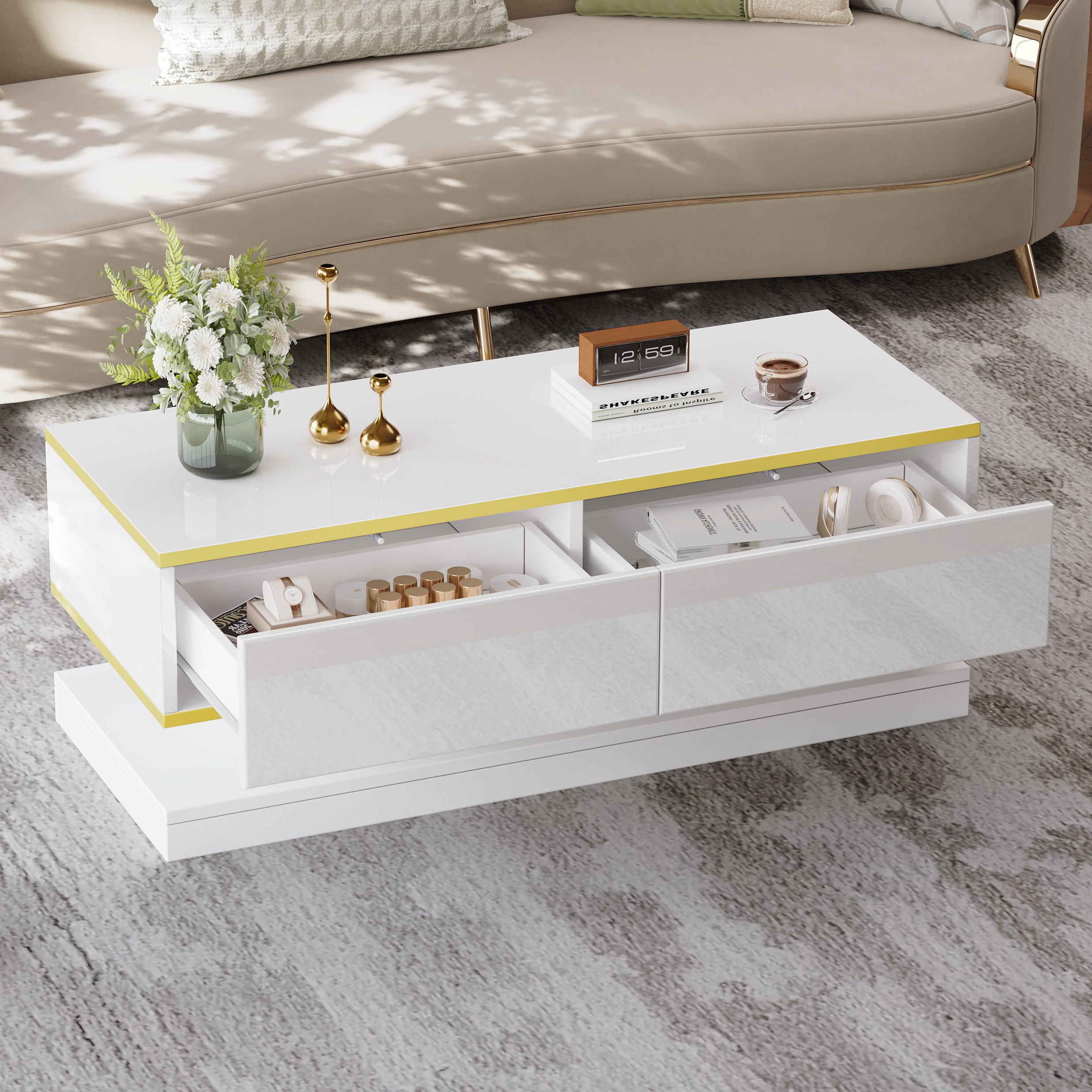 HAUSS SPOLE Wohnzimmer-Set Hochglanz-Couchtisch mit 2 großen Schubladen, Wohnzimmertisch, weiß, (Satztisch, Wohnzimmertisch, Beistelltisch, 1-St., 2 Schubladen), warmweiß + goldener Rand Kaffeetisch