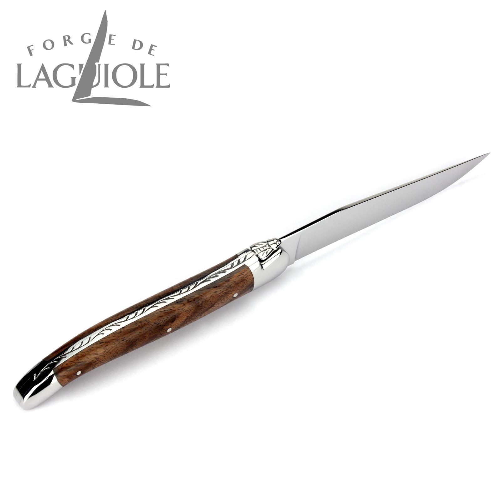 Forge de Laguiole Steakbesteck TF 2M IN NO BRI, 1 Messer / 1 Gabel - Griff Nussbaum - Backen glänzend - Stahl glänzend