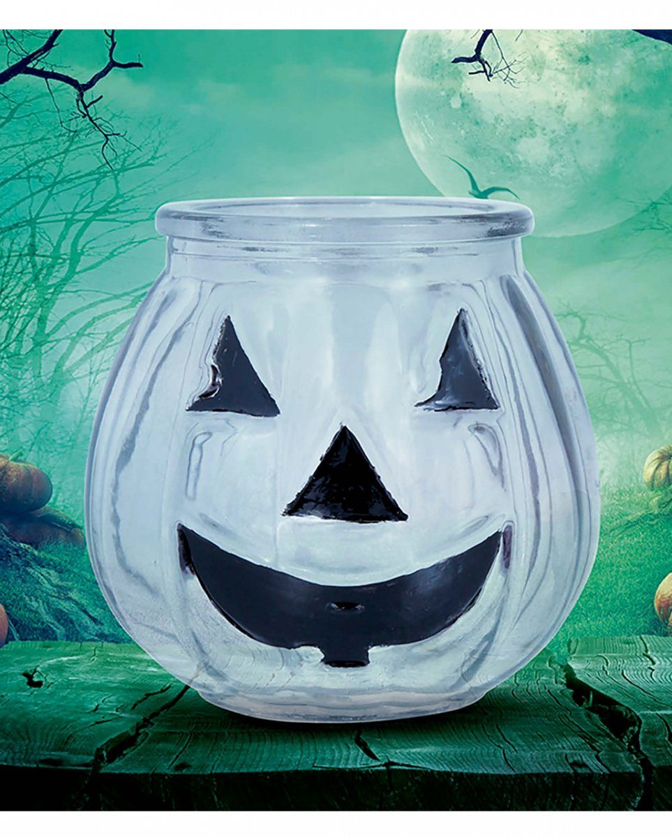 Horror-Shop Kerzenständer Halloween Kürbis Glas Kerzenhalter