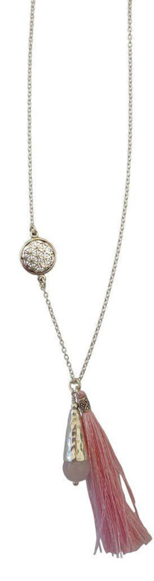 Saraswati Kette mit Anhänger Kette "Blume des Lebens" 1,2cm Silber 925 mit Rosenquarz-Perle und Ros