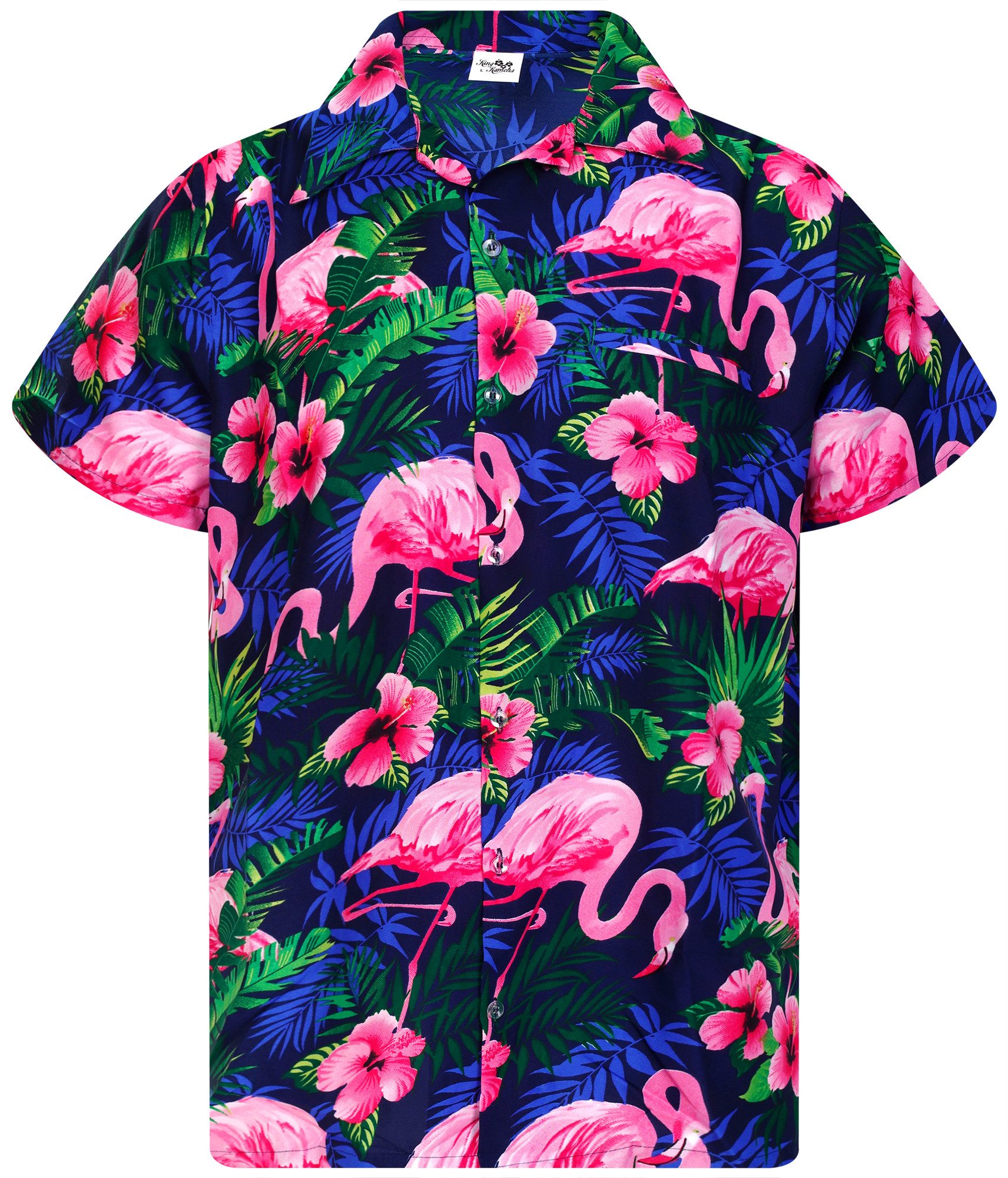 King Kameha Hawaiihemd Flamingo Flowers Funky Hawaii-Hemd Herren Kurzarm Front-Tasche Unisex