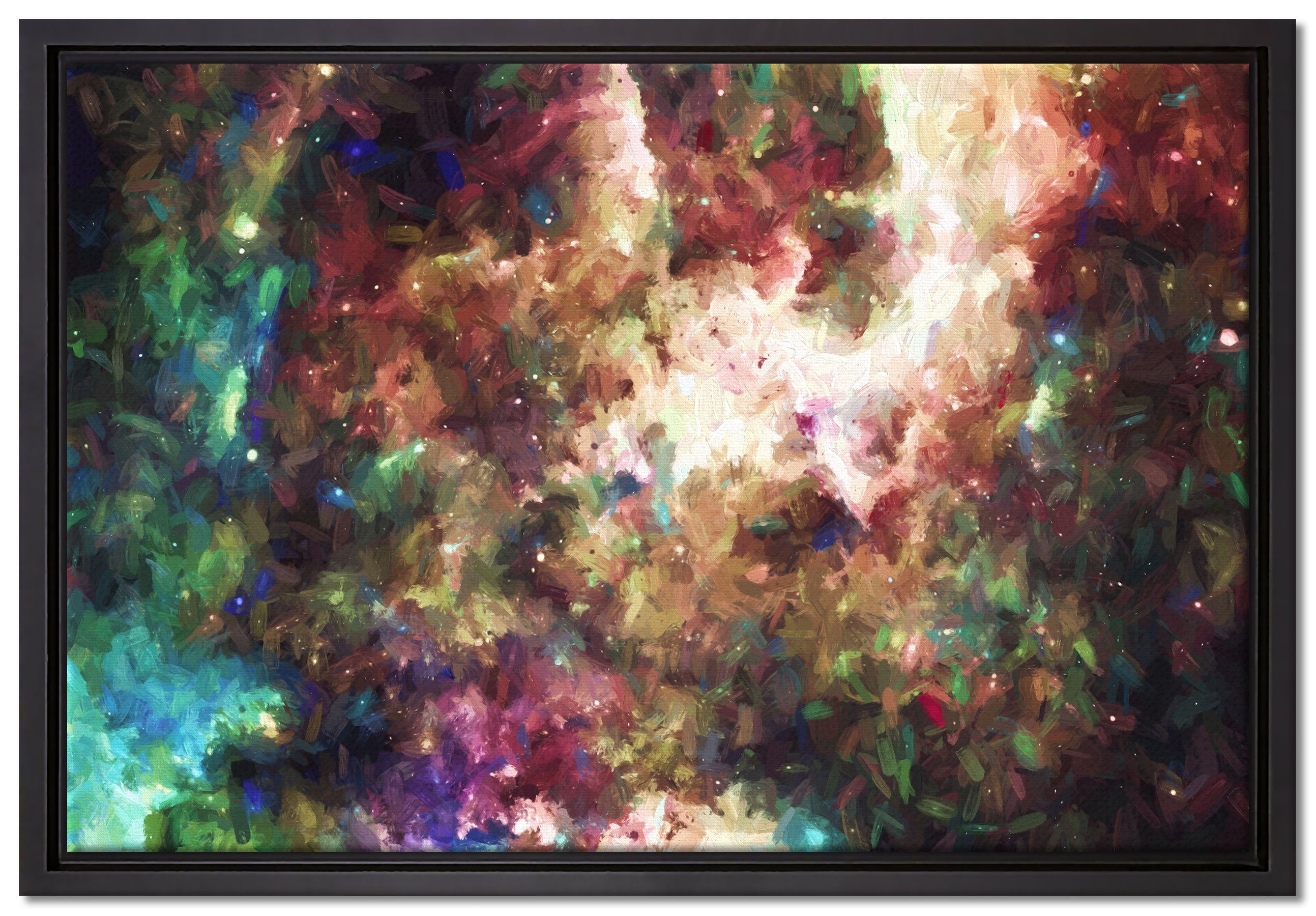 einem gefasst, fertig und Leinwandbild Zackenaufhänger Nebelgalaxie Schattenfugen-Bilderrahmen St), Wanddekoration Sterne, bespannt, inkl. (1 Pixxprint in Leinwandbild