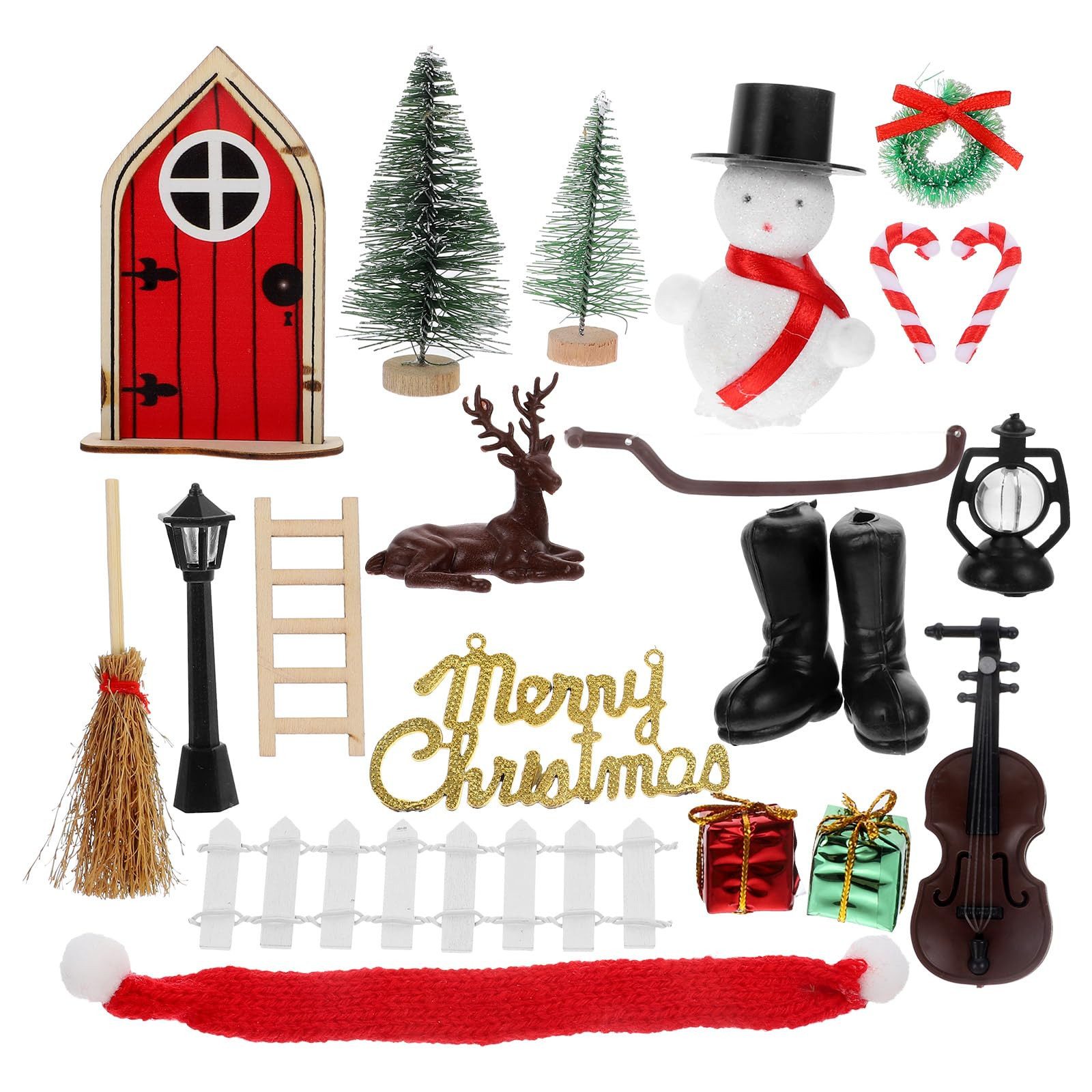 MOPUEA Dekofigur 19 Stück Wichteltür Zubehör,Weihnachtsdeko,mit Zäun Leiter Stiefel (miniatur-weihnachtsdekorationsset für kreative und festliche akzente, 19 St., enthält türen, bäume, geschenke, zaun, lampe, hirsche und vieles mehr), aus langlebigem kunststoff, kratzfest, rostfrei