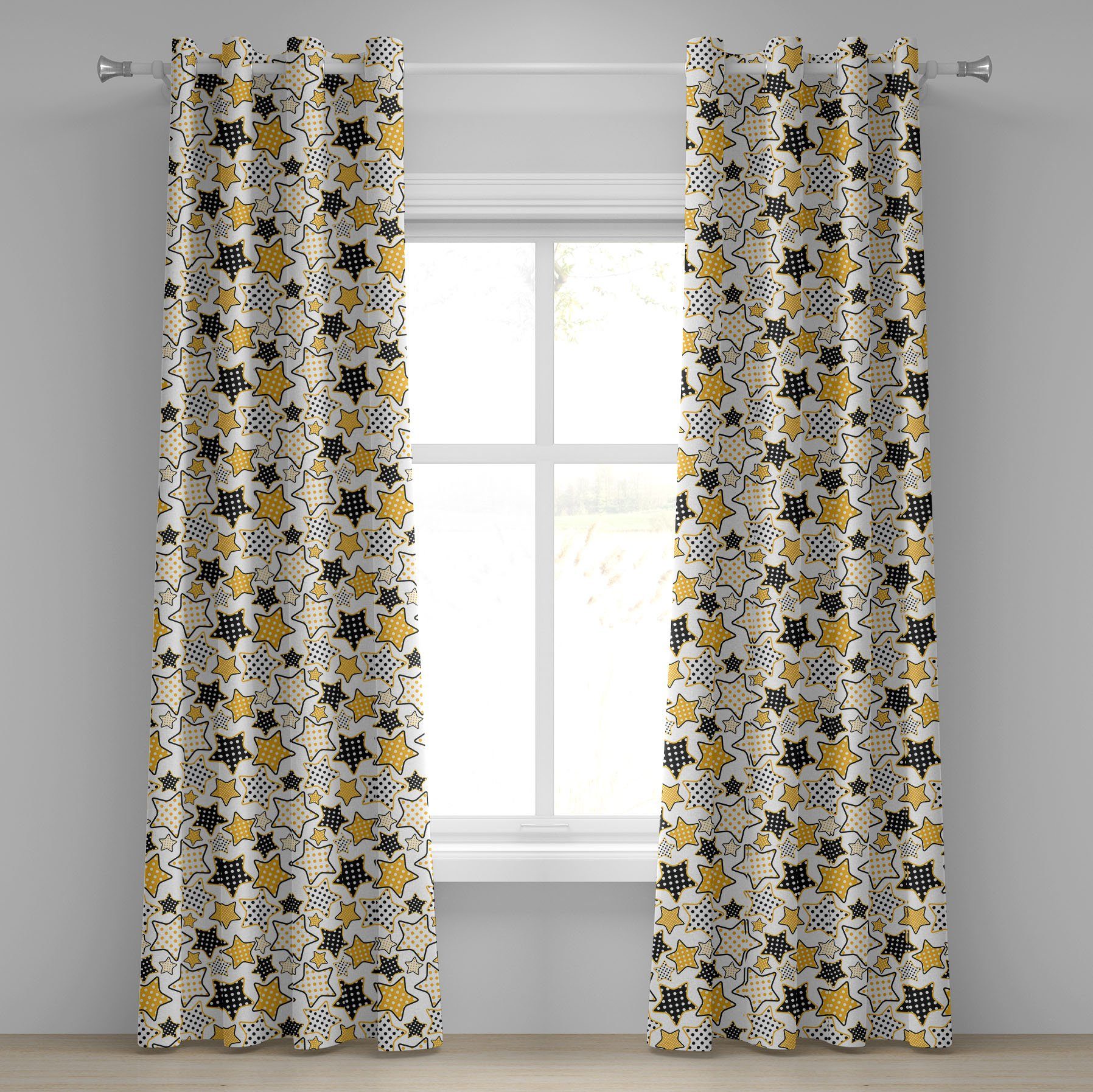 Gelb für Gardine Schlafzimmer punktierte Retro Wohnzimmer, 2-Panel-Fenstervorhänge Sterne Polka Abakuhaus, Dekorative