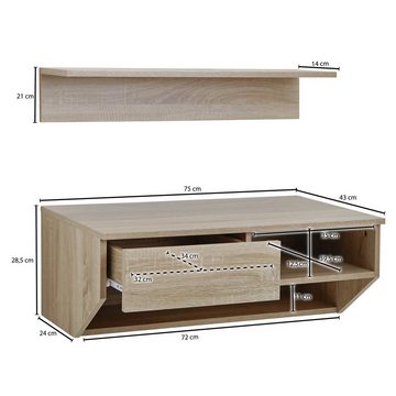 möbelando Hängeschrank Hängeschrank mit Wandregal Sonoma Eiche 75 cm Hängeschrank mit Wandregal Sonoma Eiche 75 cm Design Schweberegal, Wandschrank mit Schublade, Oberschrank Wand Flur Wohnzimmer