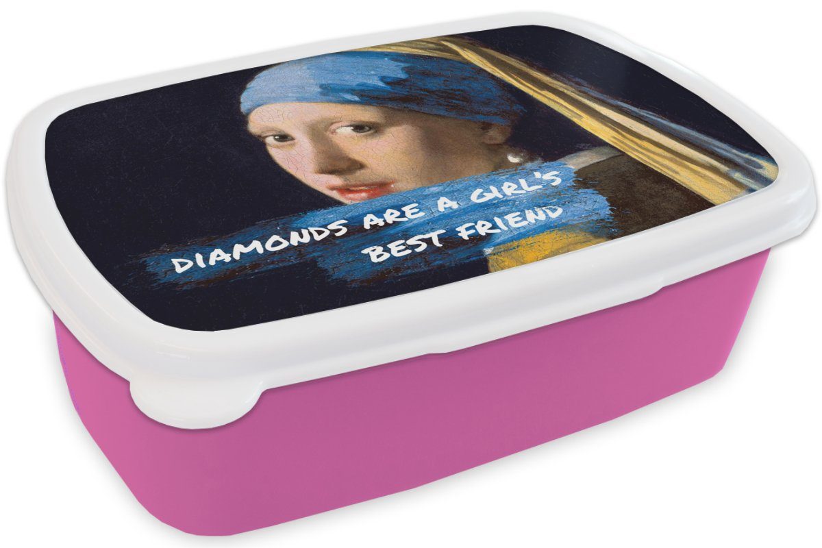 Kinder, - Kunststoff Zitat, - Snackbox, Kunststoff, Mädchen Lunchbox für mit Erwachsene, Brotdose Perlenohrring Vermeer MuchoWow Brotbox rosa (2-tlg), Das Mädchen, dem