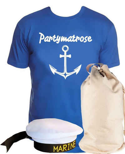 coole-fun-t-shirts Kostüm »Matrosen Kostüm Set Partymatrose T-Shirt + Matrosenmütze + Sack Seemann Verkleidung Karneval Fasching blau Gr. S M L XL XXL 3XL 4XL 5XL«