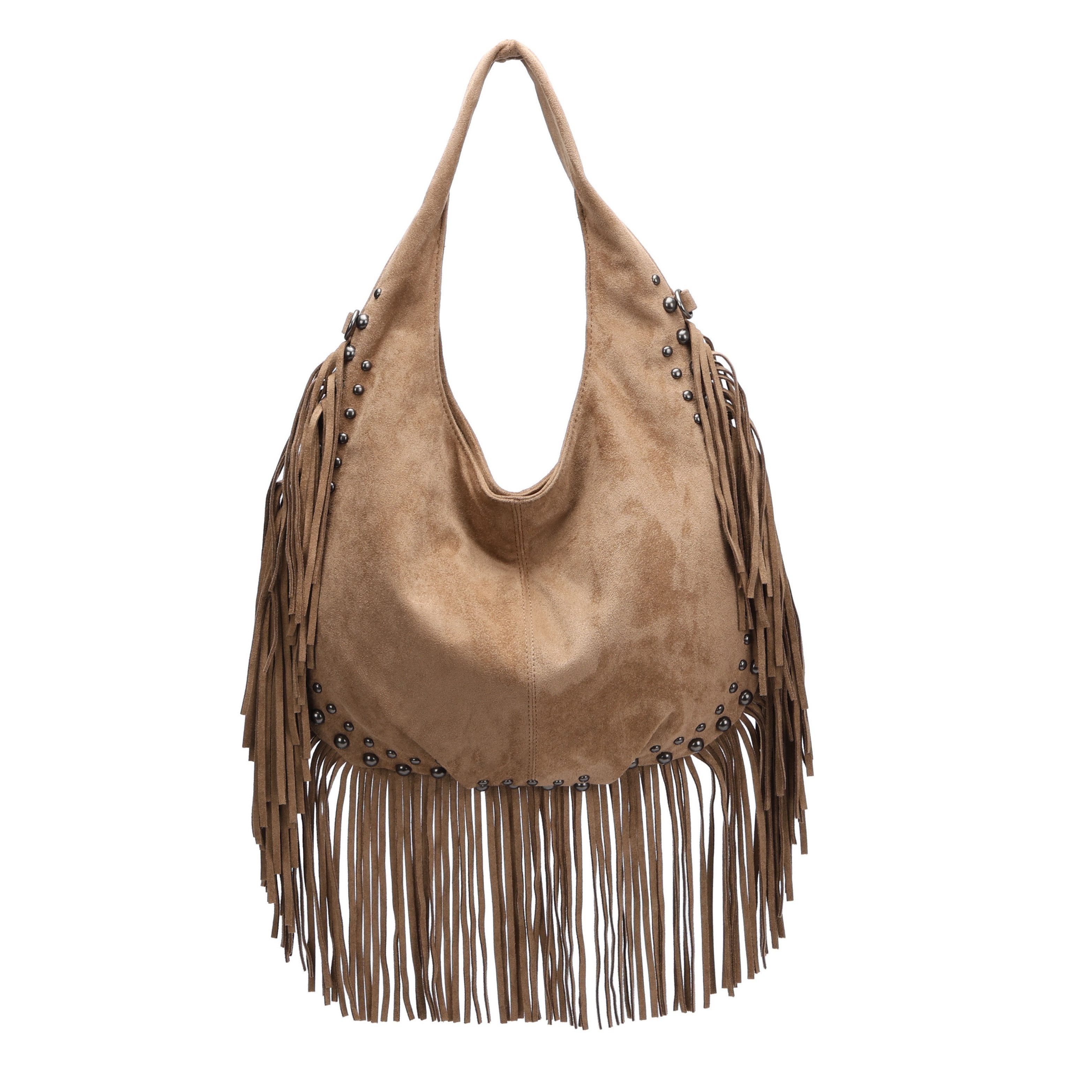 MIRROSI Shopper Damen Fransen Schultertasche Wildleder-Optik aus Polyester (Neue Kollektion Herbst/Winter 2026, ca. 41 x 5 x 37 cm), Boho Tasche mit Fransen, Nieten & langem Riemen