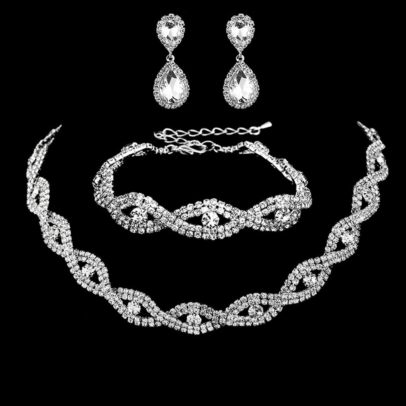 KARMA Schmuckset Strass Damen Silber Halskette Ring Ohrringe Armband (Strassohrringe Strassring Kristallkette, eleganter Schmuck Damenschmuckset Kette) – Bild 4 von 5