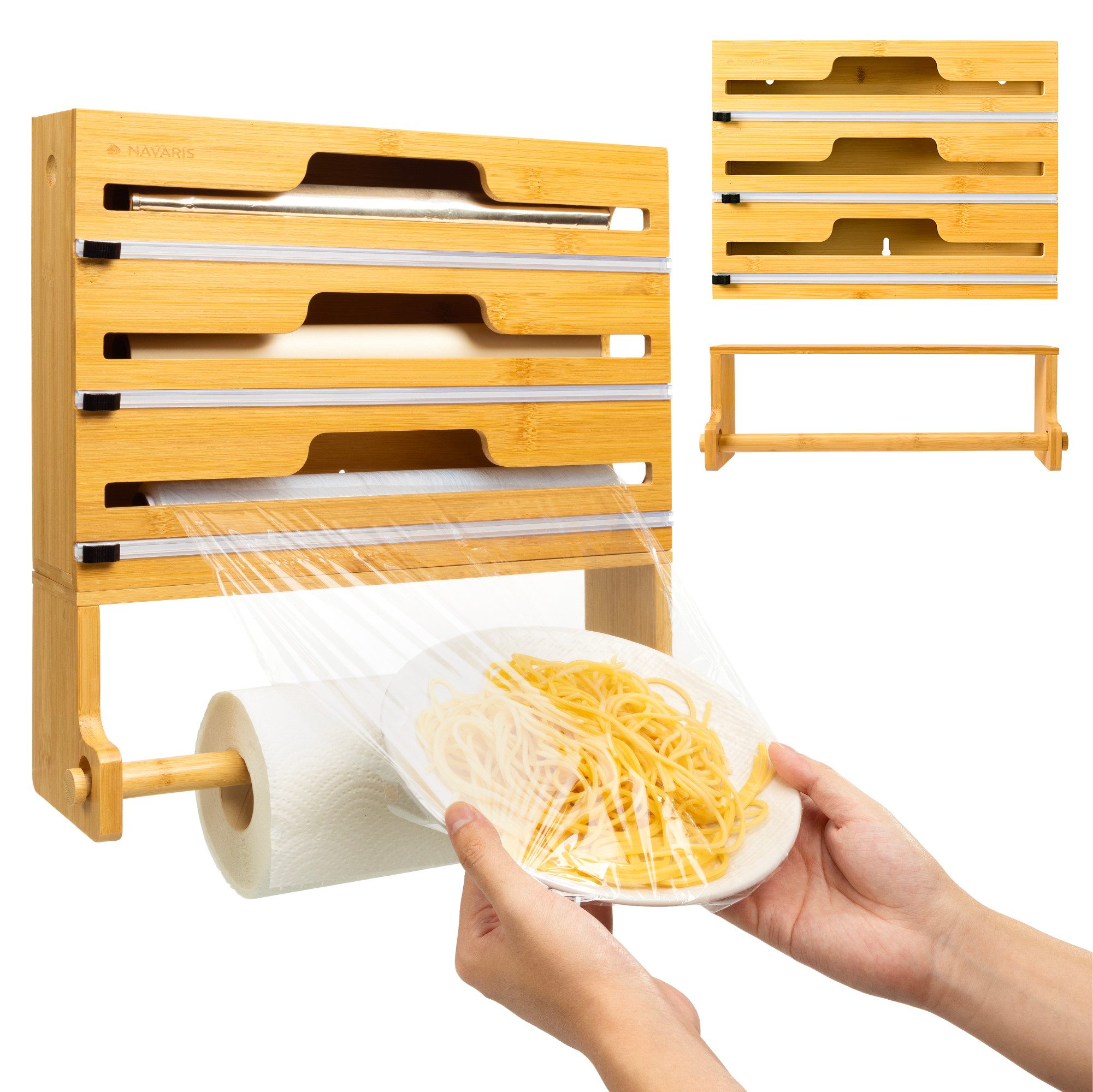 Navaris Тримач кухонних рулонів 4-in-1 Тримач кухонних рулонів Wand - Bambus Rollenhalter Küche Schneider, (1-St), Frischhaltefolienspender Schneider Wandrollenhalter Küche