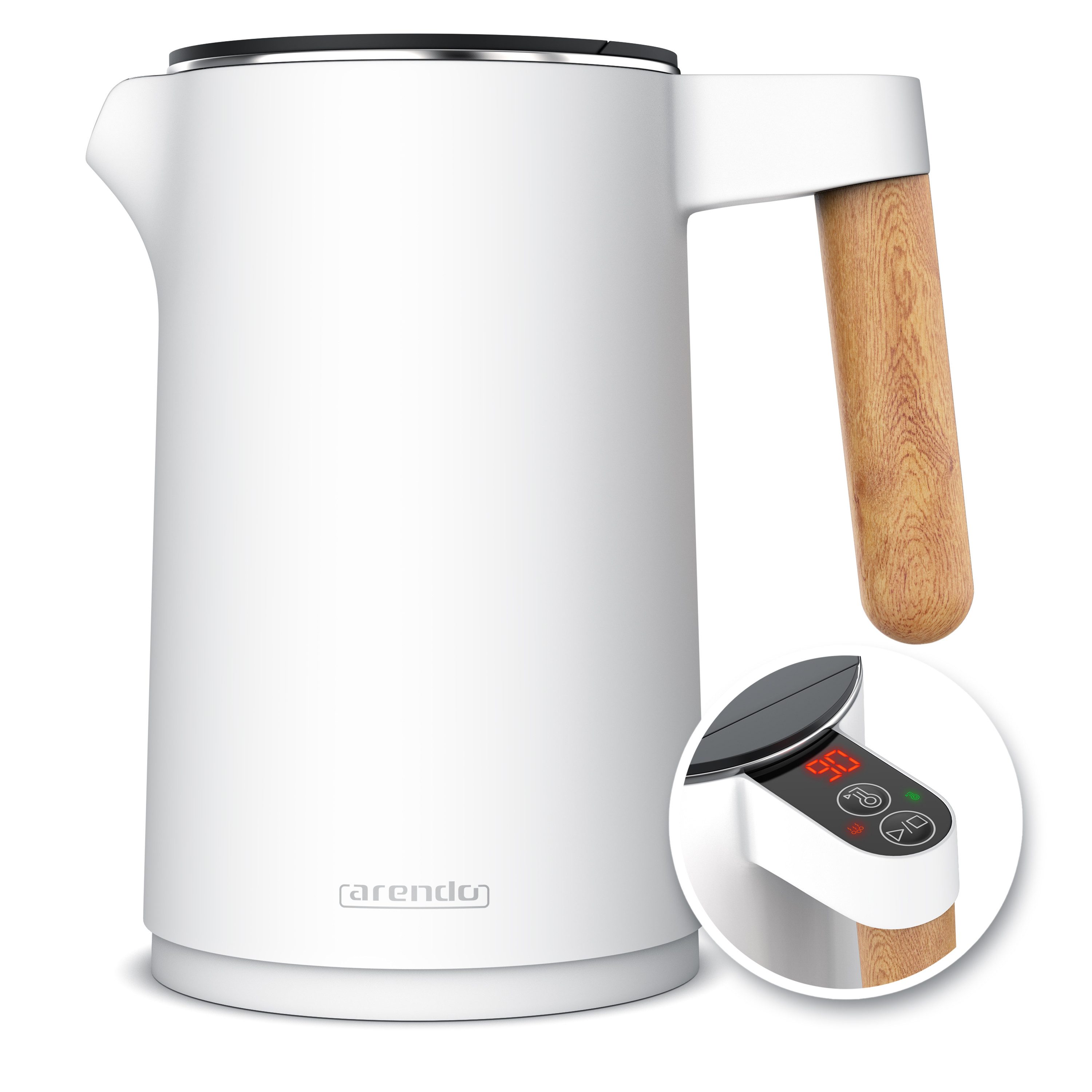 Arendo Wasserkocher Edelstahl, Temperatureinstellung 40° - 100 °C mit Anzeige, Doppelwand, 1,5 l, 2200 W, Warmhaltefunktion, 360° Basis, mit Griff in Holzoptik, BPA-frei
