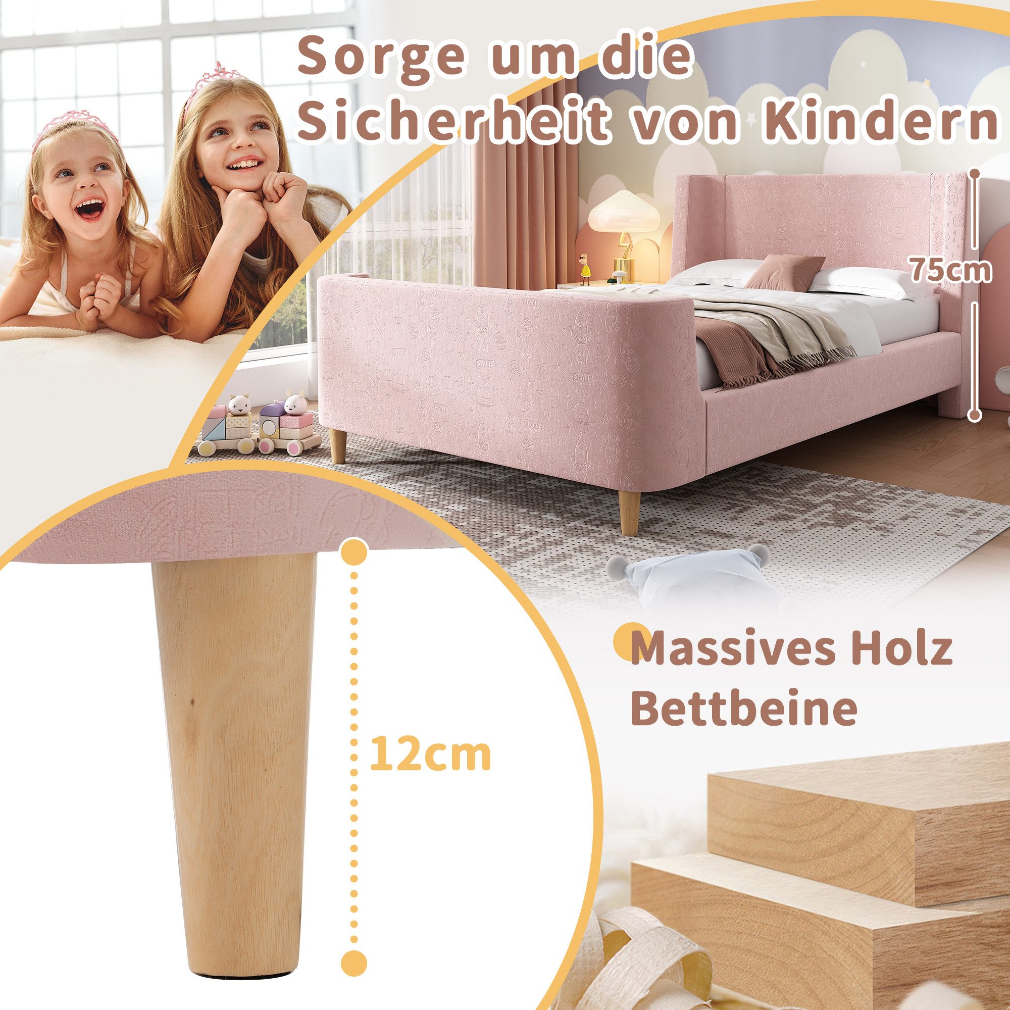 BlingBin Einzelbett (1-tlg., Kinderbett Polsterbett 90 x 200 cm mit kosmischem Muster), Für Jungen & Mädchen, Samt (Ohne Matratze)