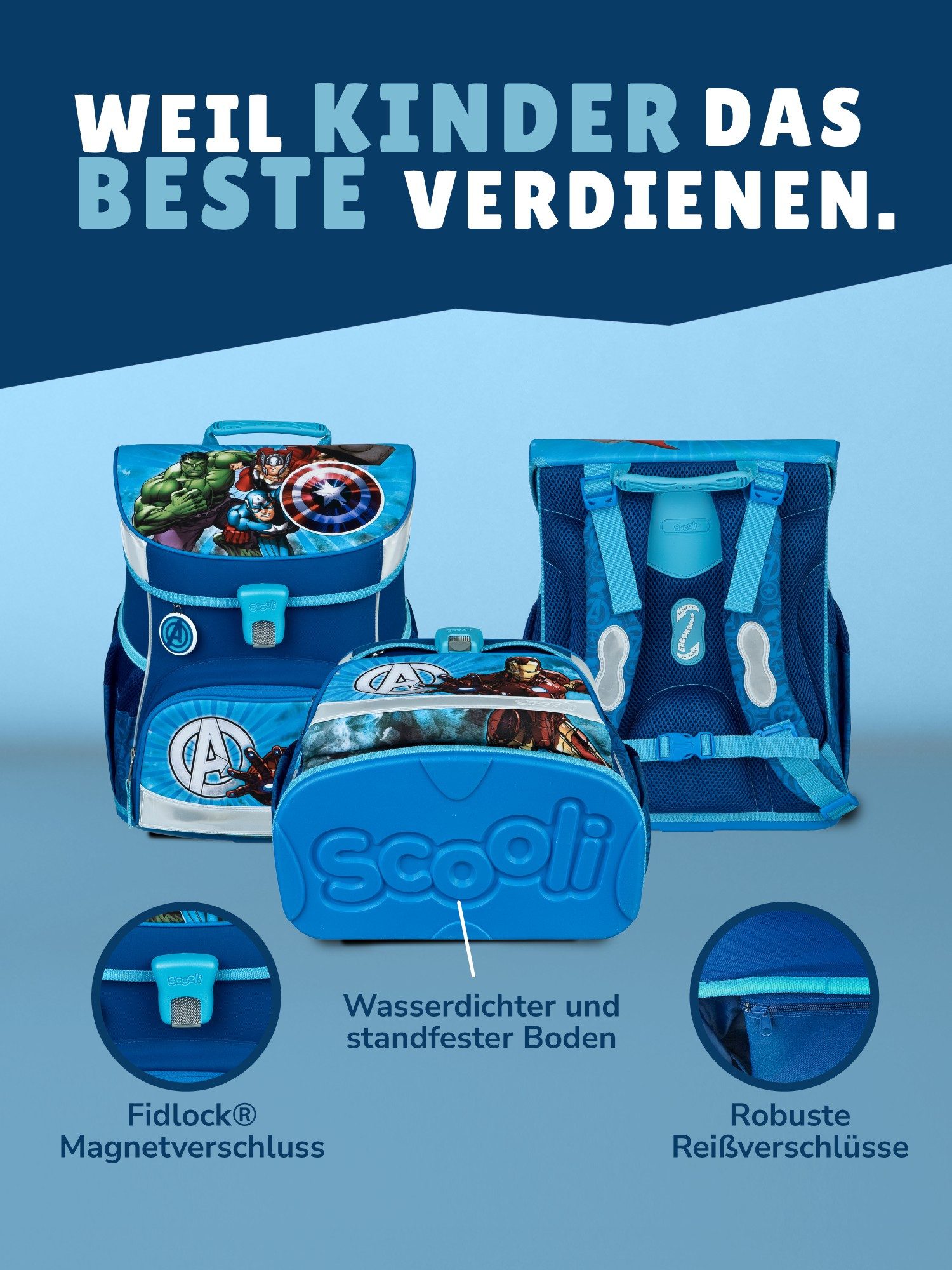 Scooli Schulranzen Campus Fit Avengers Schultasche, ab 1. Klasse, 980 Gramm, 18L Fassung (Grund-Set, 5-tlg., mit gefüllter Federmappe), leicht, ergonomisch, rob – Bild 5 von 5