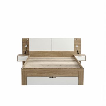 IDEASY Holzbett Doppelbett, Weiß und Eiche, mehrere Schubladen, 140 x 200 cm, (5 Schubladen), LED-Licht, Stauraum im Kopfteil, MDF + Spanplatte, leise Läufer