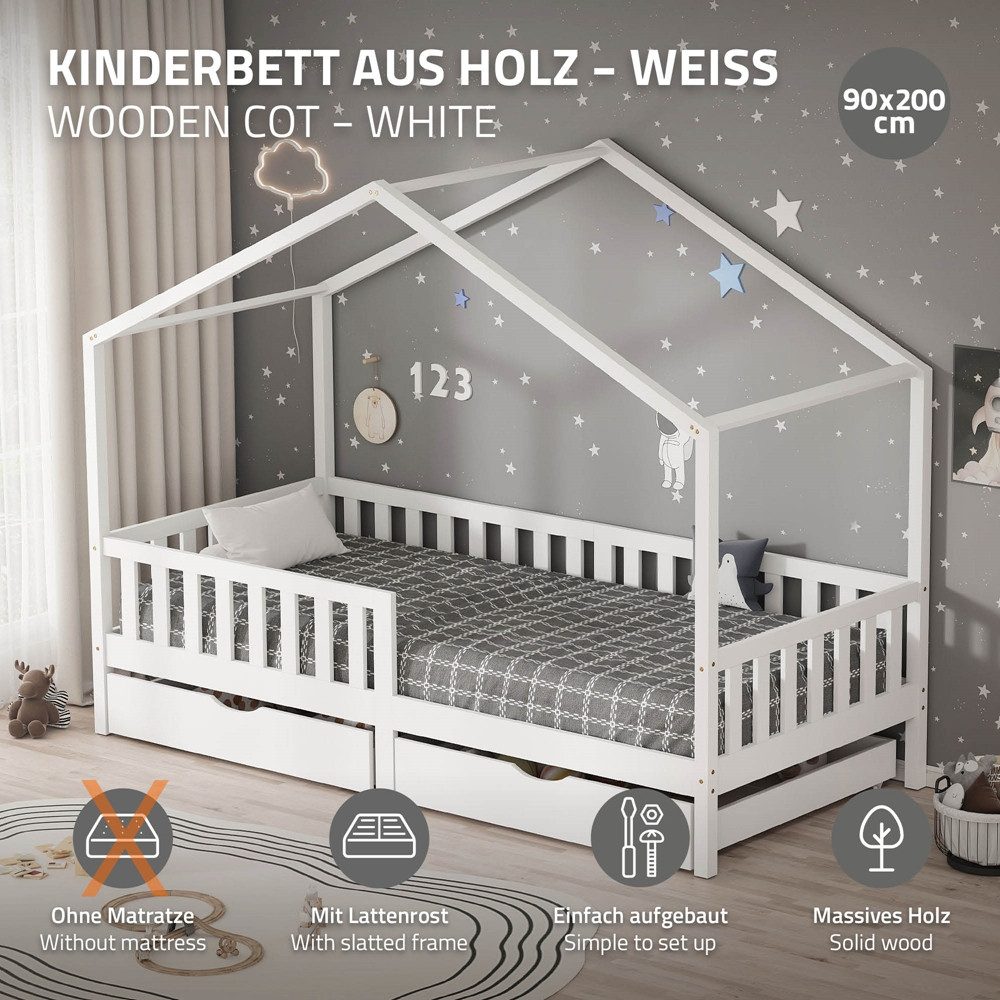 ML-DESIGN Spielbett Hausbett Kinderbett inkl. 2 Schubladen, Lattenrost und Rausfallschutz, Abenteuerbett 90x200cm Haus Bett Himmelbett Kiefer Jugendbett Weiß – Bild 2 von 5