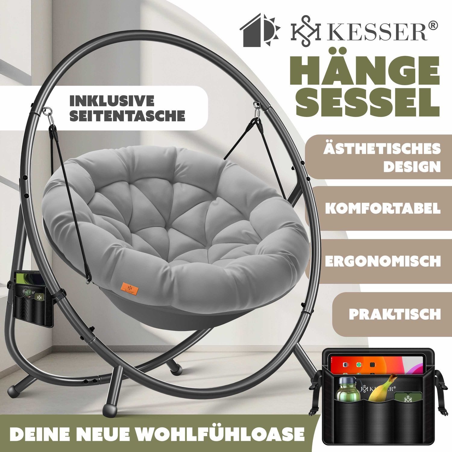 KESSER Hängesessel Bali Hängesessel mit Gestell Hängeschaukel Hängestuhl bis 150kg (mit Wipp Funktion, Kissen & Seitentasche), Hängekorb Stahlgestell Schaumstoff Sitzpolster für Wohnzimmer & Garten
