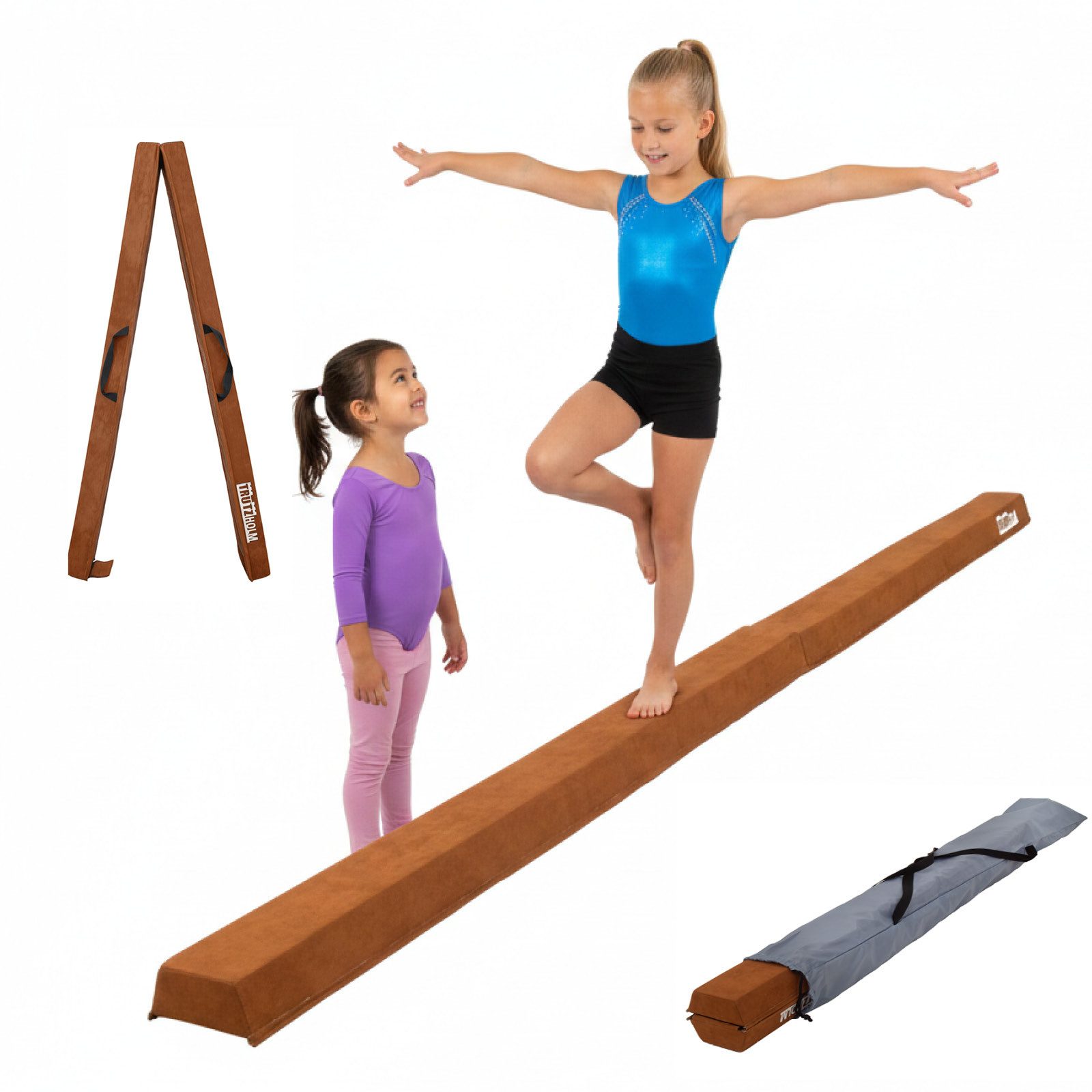 TRUTZHOLM Balanceboard Schwebebalken 240 cm Turnbalken inkl.Tragetasche Balancierbalken Braun, klappbar, tragbar, bodennah, kombinierbar