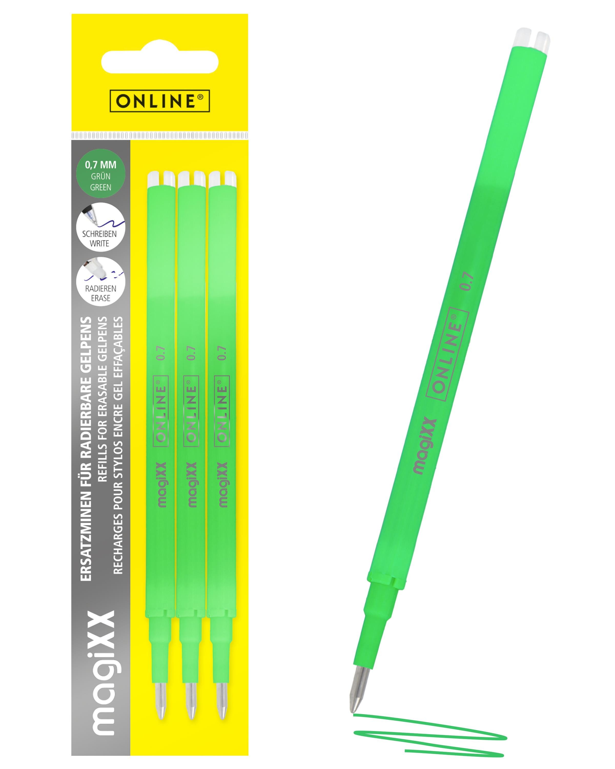 Online Pen Tintenroller magiXX Mine, (3x radierbare Ersatzminen grün für Gelschreiber), Nachfüll-Minen kompatibel mit Pilot Frixion, magiXX Gelstift