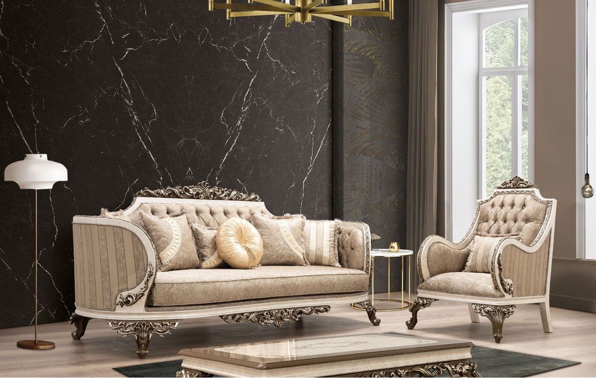 Barock Muster Luxus Beige mit / Barock Möbel Sofa / - Padrino Casa Prunkvolles Cremefarben elegantem Sofa Wohnzimmer Sofa Braun / Wohnzimmer Gold -