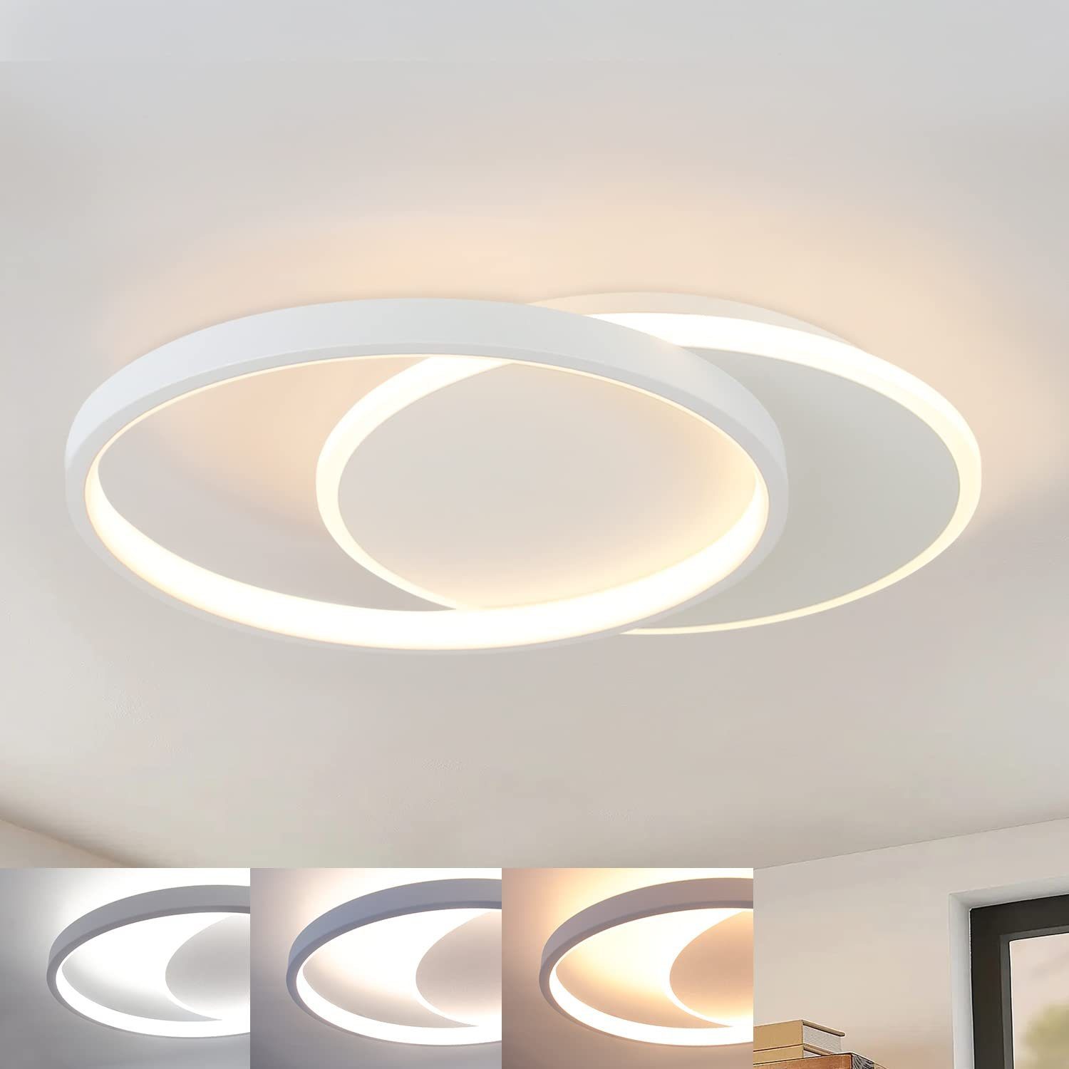 ZMH LED Deckenleuchte Dimmbar Deckenlampe Wohnzimmer mit 2 Rund Ring, LED fest integriert, Tageslichtweiß, 35W, 2800lm