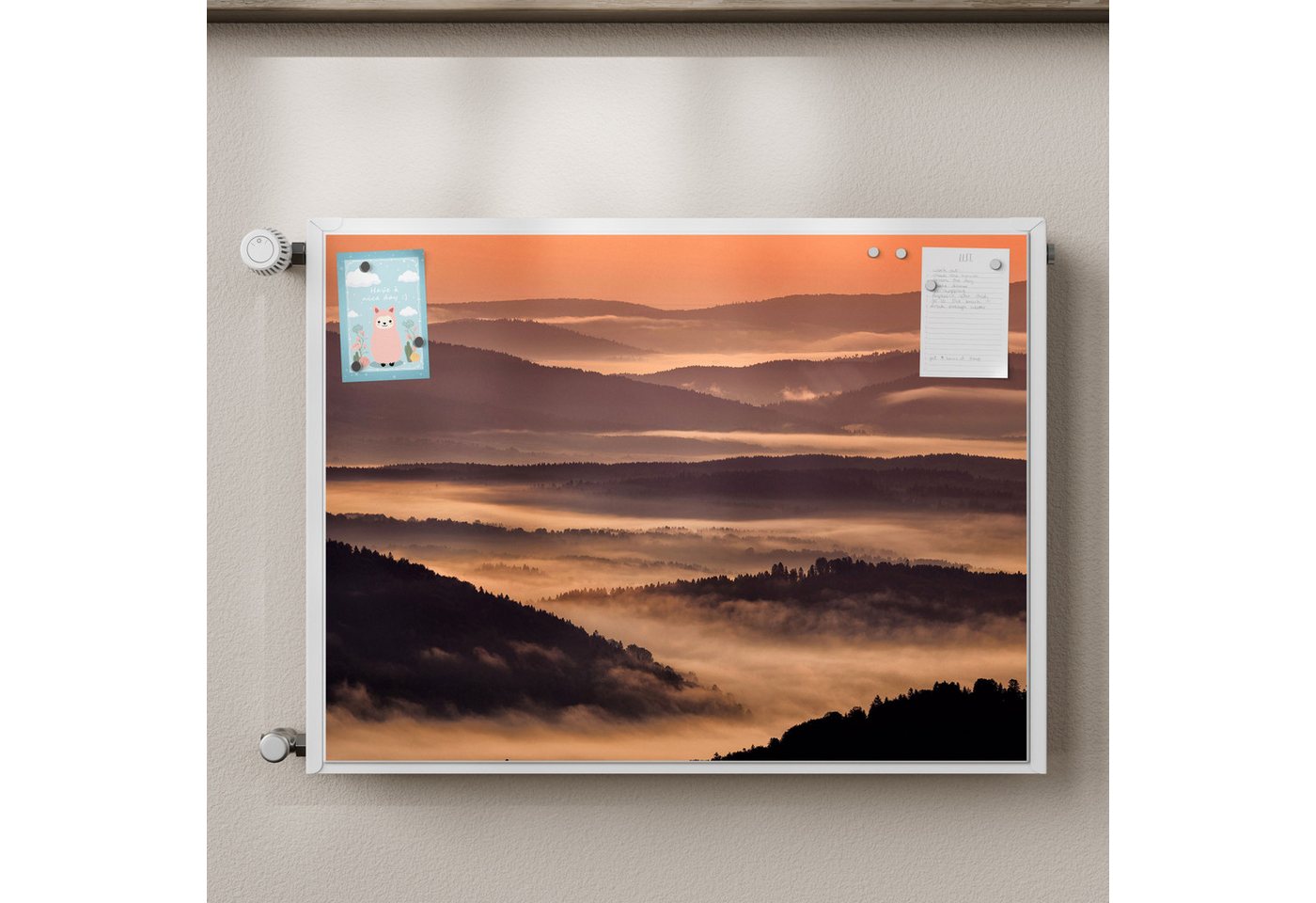 Thumbnail - DEQORI Magnetfolie 'Nebelberge im Morgenrot', beschreibbar Heizung Magnetmatte magnetisch Magnetfolie