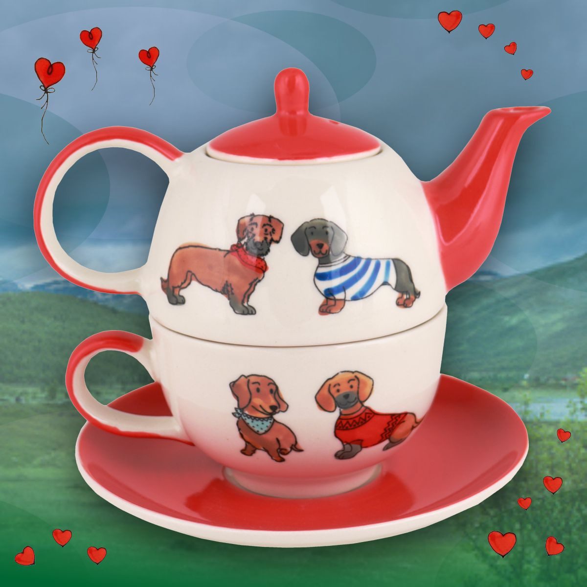 Mila Teekanne Mila Keramik Tee-Set Tea for One Dackelfreunde, 0.4 l, (Set, Tee-Set)