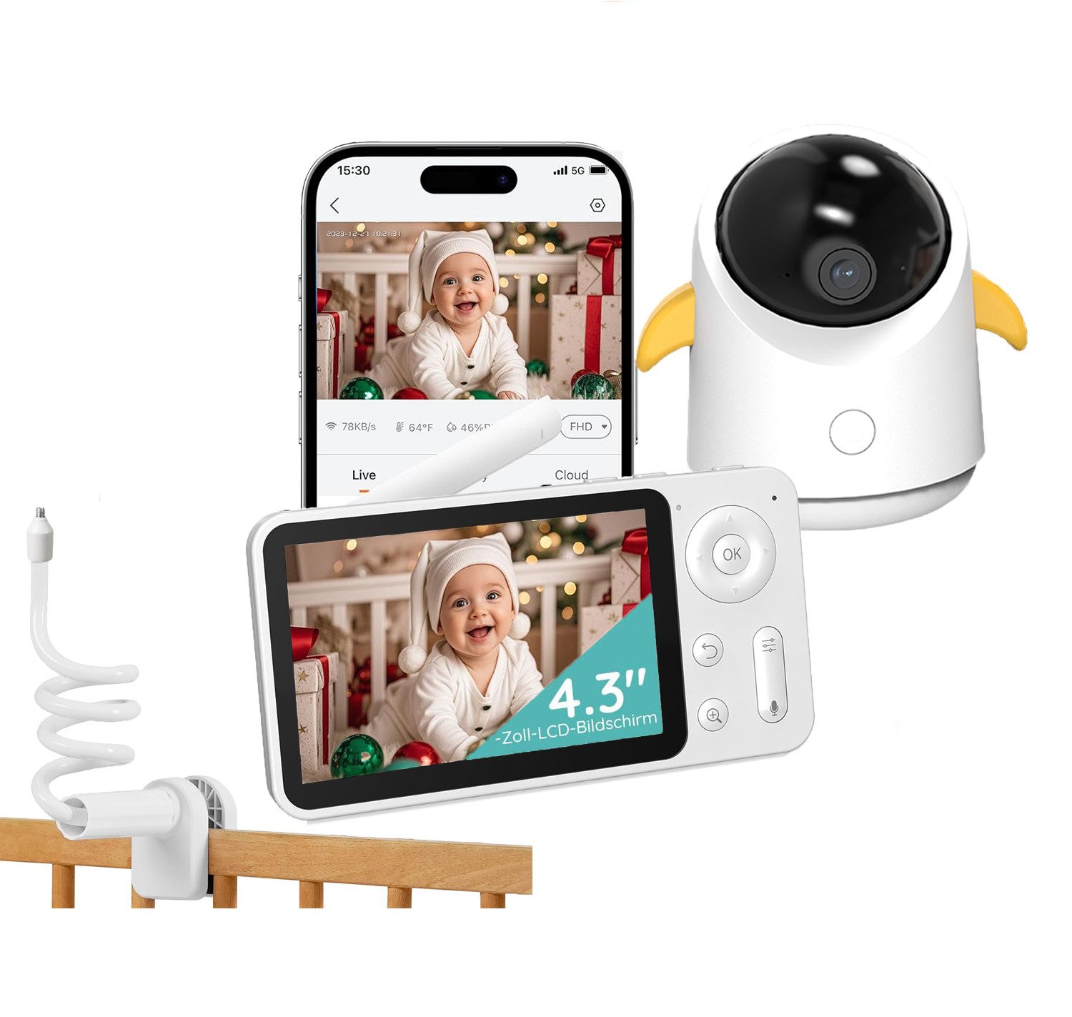 Babyphone 4,3 Zoll WLAN Babyphone mit Kamera, 360° Video-Babyfon mit App