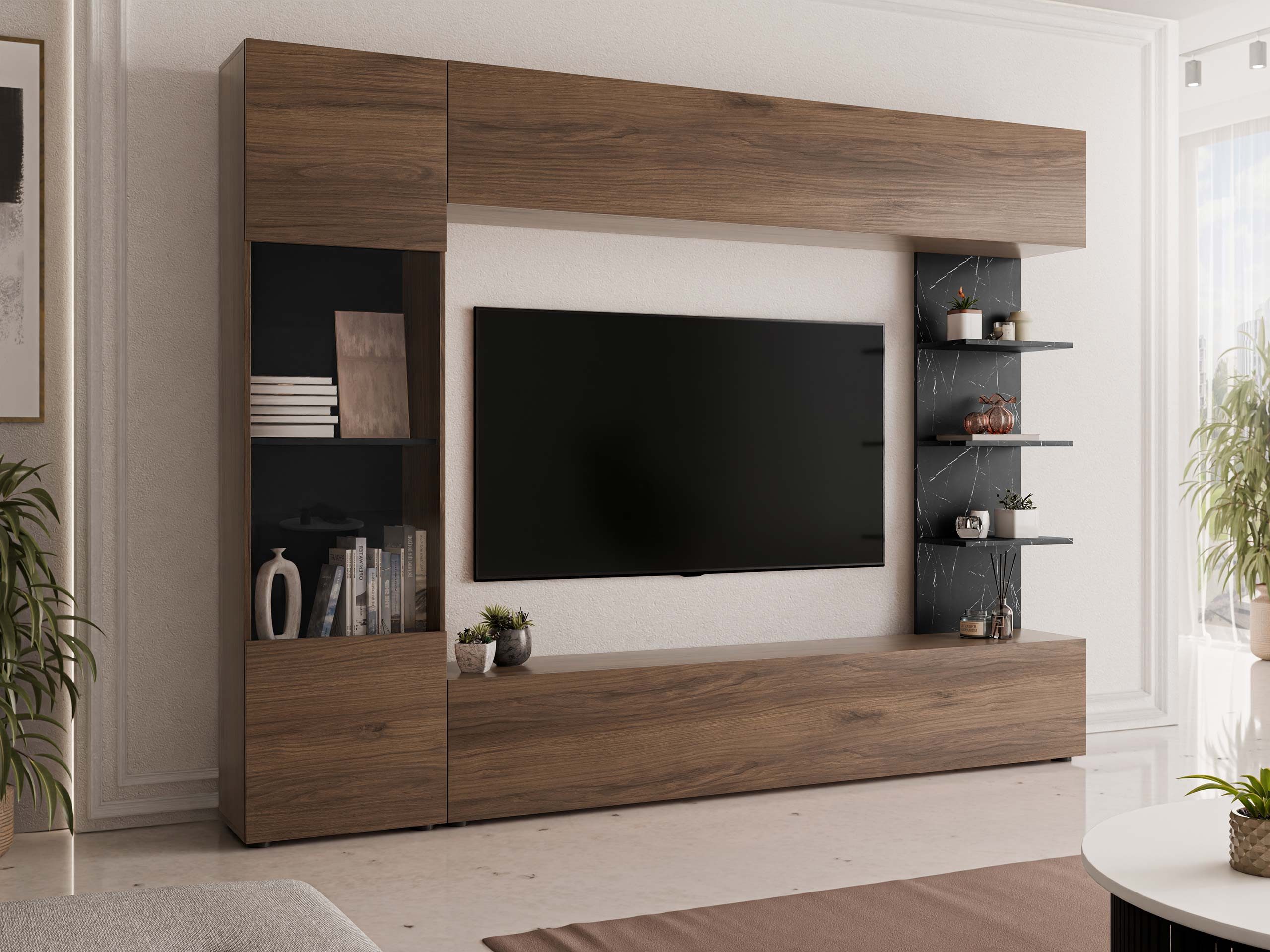 MIRJAN24 Wohnwand Lazando, (Komplett-Set, Hängeschrank, Vitrine, TV-Lowboard, Wandregal), Beleuchtung als Option