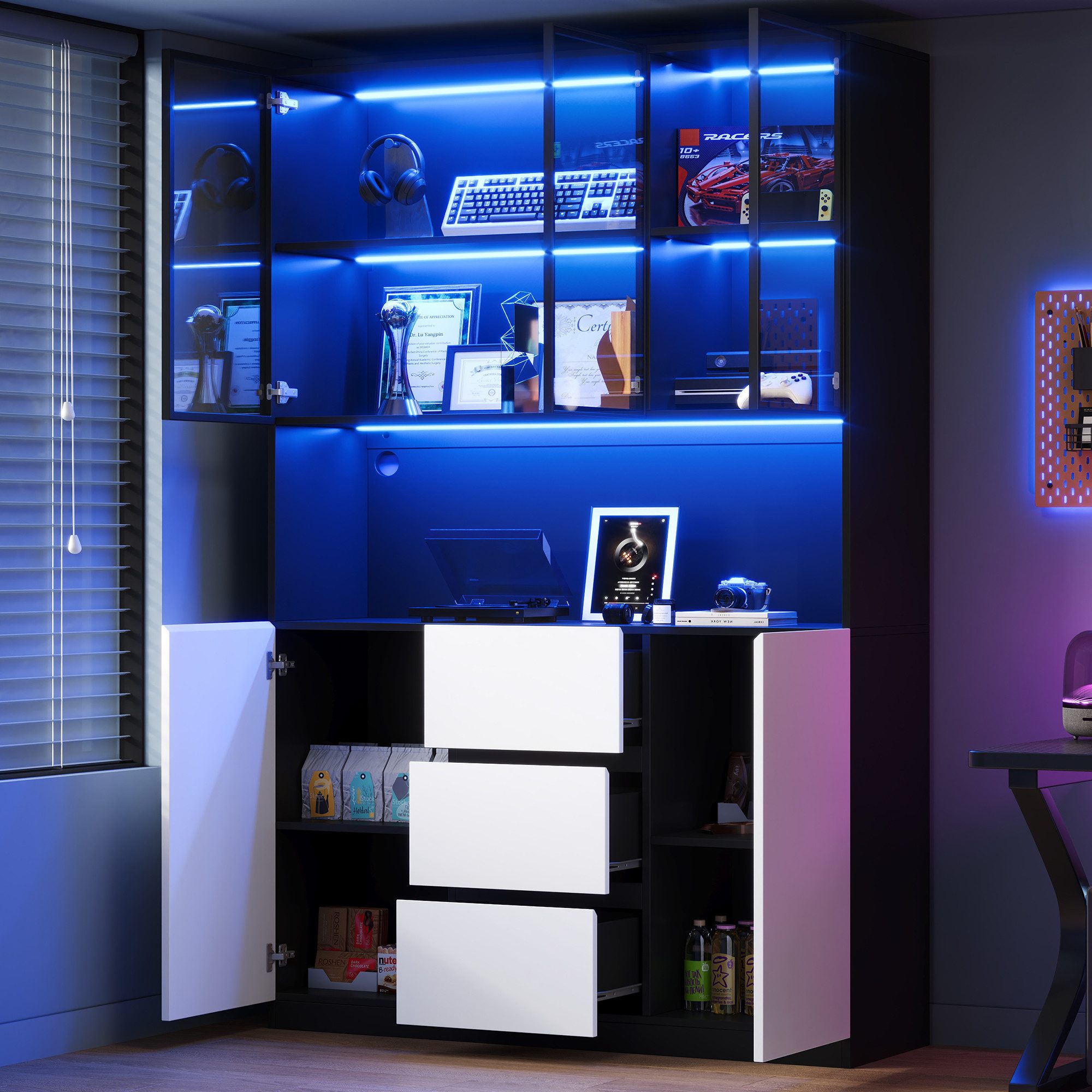 Flieks Küchenbuffet Hochschrank mit LED-Beleuchtung, Glastüren und 3 Schubladen (1-St., B120×T40×H200 cm) Glasvitrine Küchenschrank Mehrzweckschrank mit Arbeitsplatte