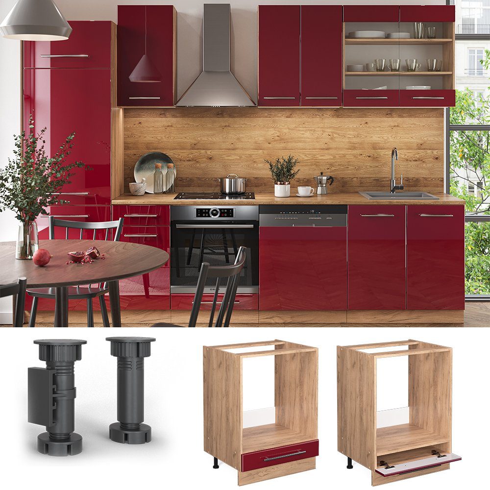 Vicco Herdumbauschrank Fame-Line, Bordeaux Hochglanz/Eiche, 60 cm ohne Arbeitsplatte (1-St) – Bild 4 von 5