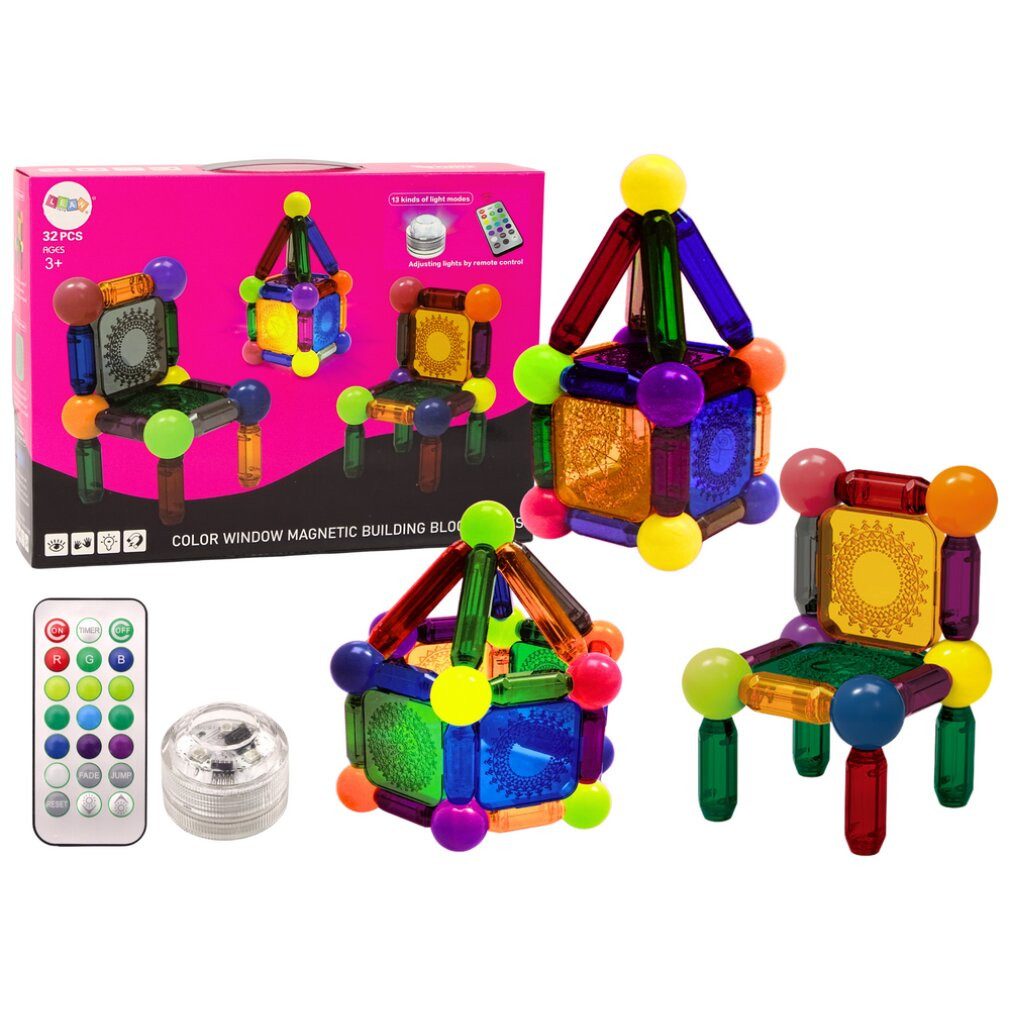 LEAN TOYS Satz magnetischer Blöcke mit Beleuchtung, 32 Elemente Spielbausteine, (Packung)
