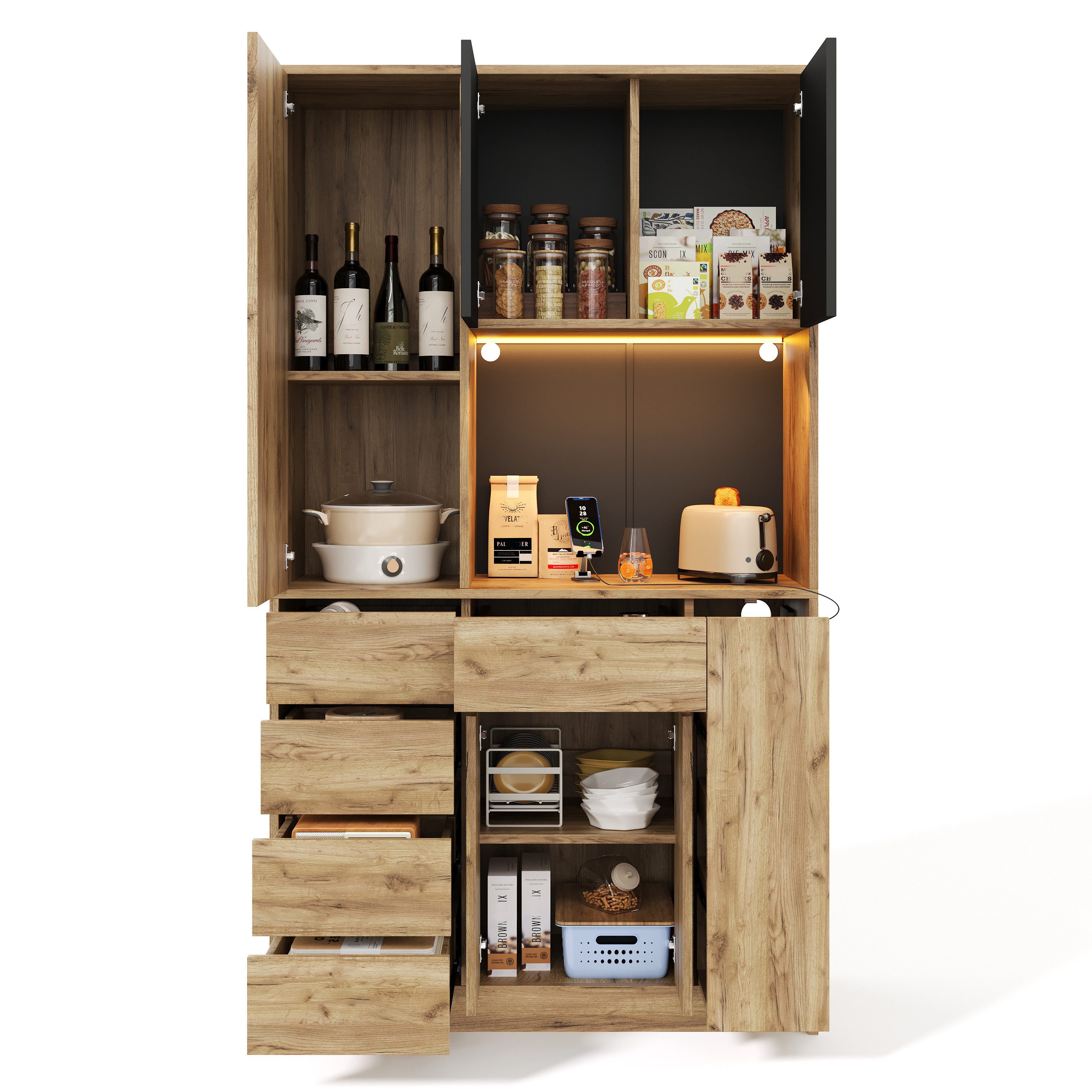 MODFU Hochschrank Küchenschrank mit LED-Beleuchtung (mit 4-stöckigem vertikalem Auszieh-Gewürzregal, verstellbaren Einlegeböden,mit Fernbedienung und Steckdose., 1-St., 185 × 105 × 40 cm)
