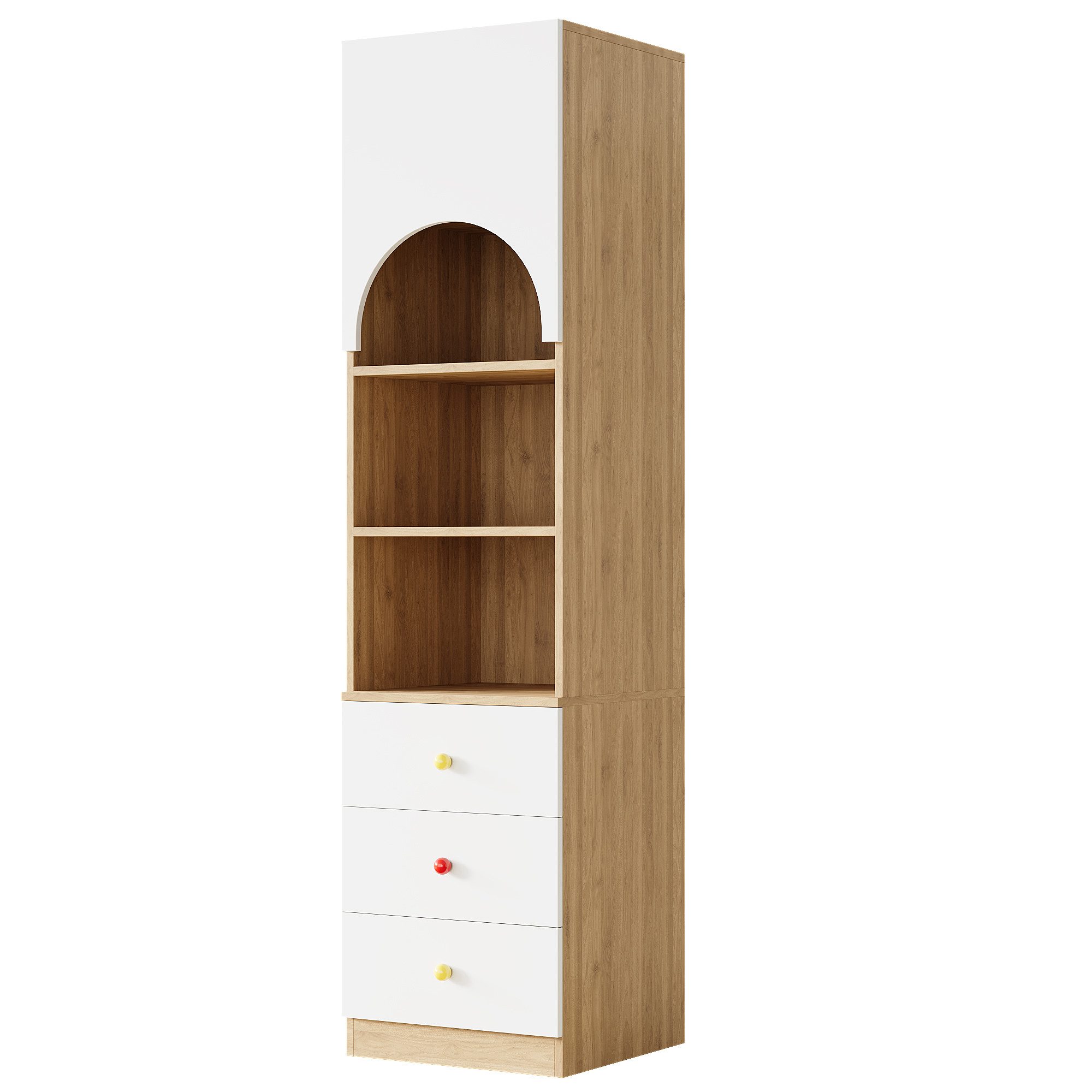 Flieks Hochschrank Bücherregal mit 4 Fächern, 3 Schubladen und Keramikgriffen (1-St., 50×50×200 cm) Mehrzweckschrank Eckschrank Ablageregal Holzoptik Weiß&Natur