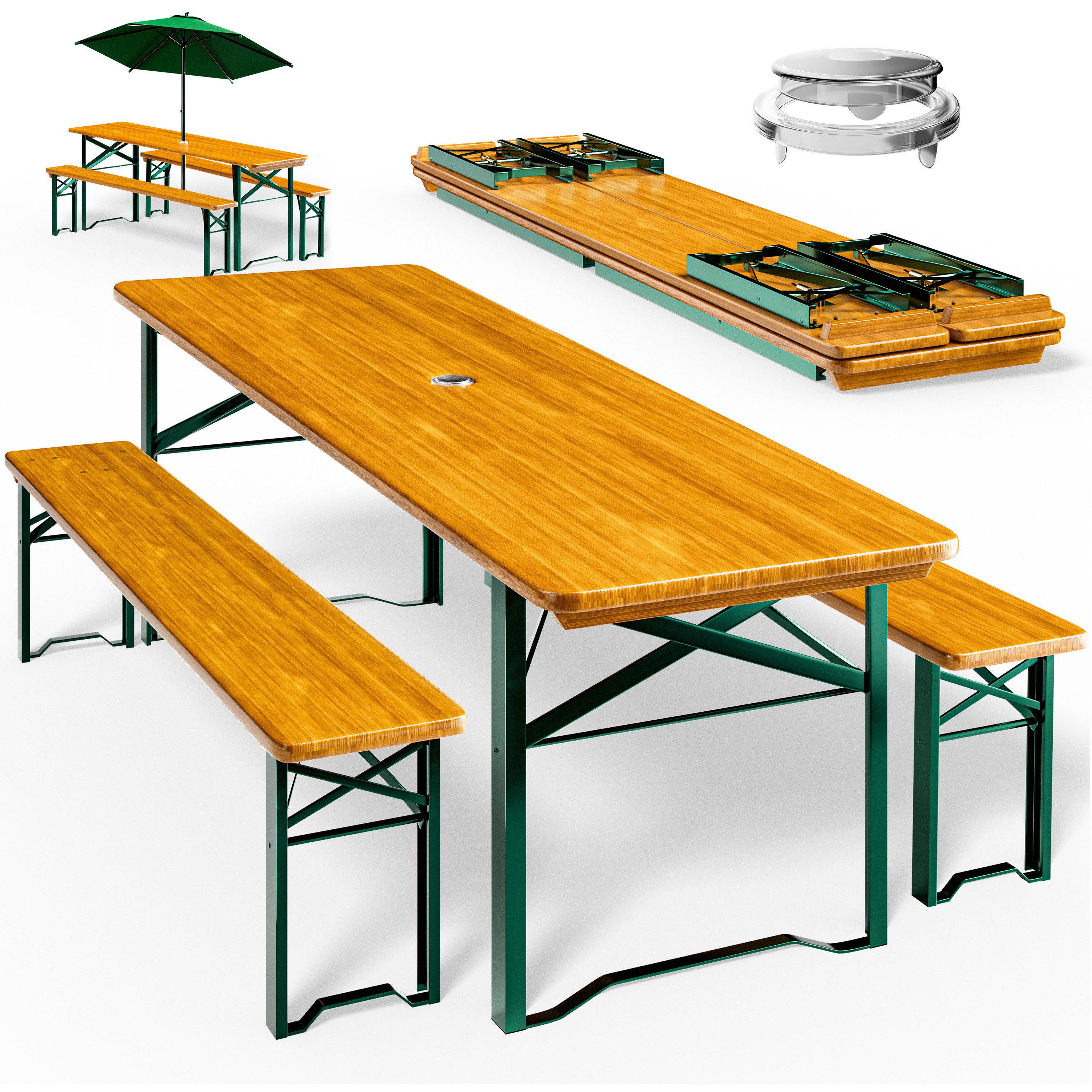 Casaria Bierzeltgarnitur, 4er Set 170cm Klappbar Stabil 3 Teilig 2x Bierbank 1x Tisch Holz