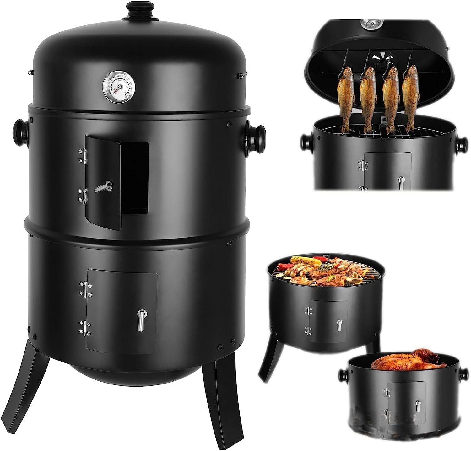 TLGREEN Smoker Räucherofen, 3 in 1 Smoker Grill Holzkohlegrill, Räuchertonne Räuchergrill Watersmoker, Ø44,5x80 cm