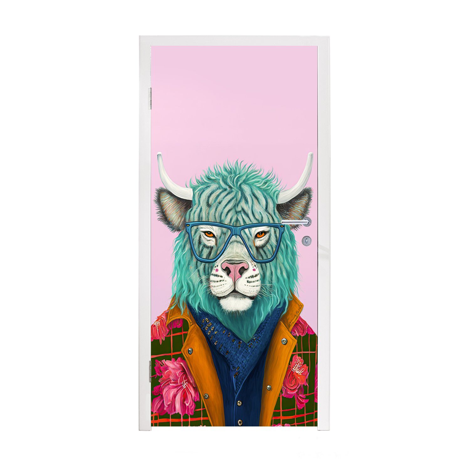 MuchoWow Türtapete Hörner - Tier - Büffel - Blumen - Kuh, Matt, bedruckt, (1 St), Fototapete für Tür, Türaufkleber, 75x205 cm