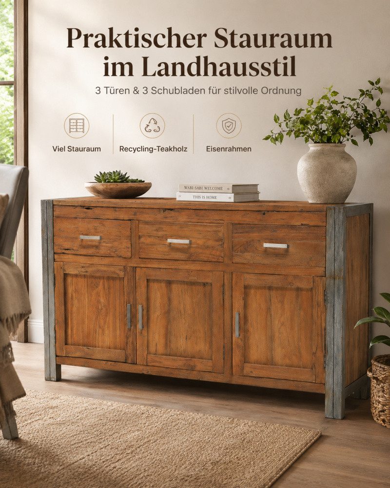 Wohnpalast Sideboard Sideboard Vintage Teak - Massivholz Kommode 3 Schubladen
