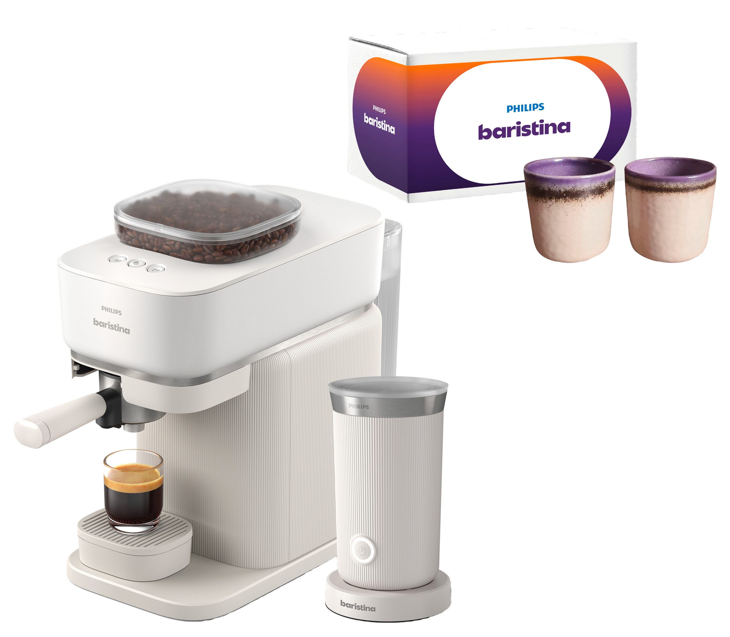 PHILIPS baristina Espressomaschine BAR303/00 mit Mahlwerk für ganze Bohnen, Milchaufschäumer inkl., 16 bar Pumpendruck, Naturweiß