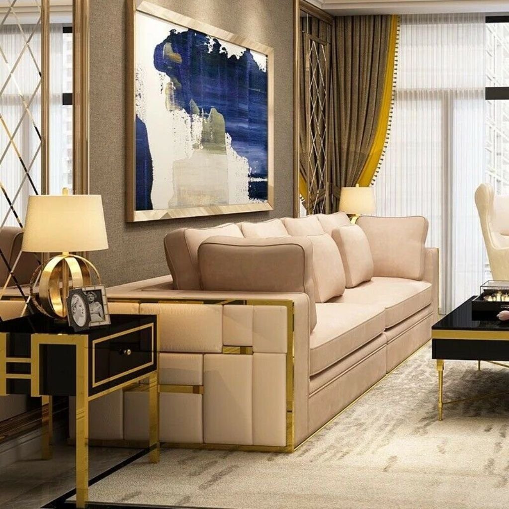 Polster 2+1+1 Sitzer Garnitur Wohnzimmer-Set, Gold Couch JVmoebel Sofa Leder Couchen Edelstahl