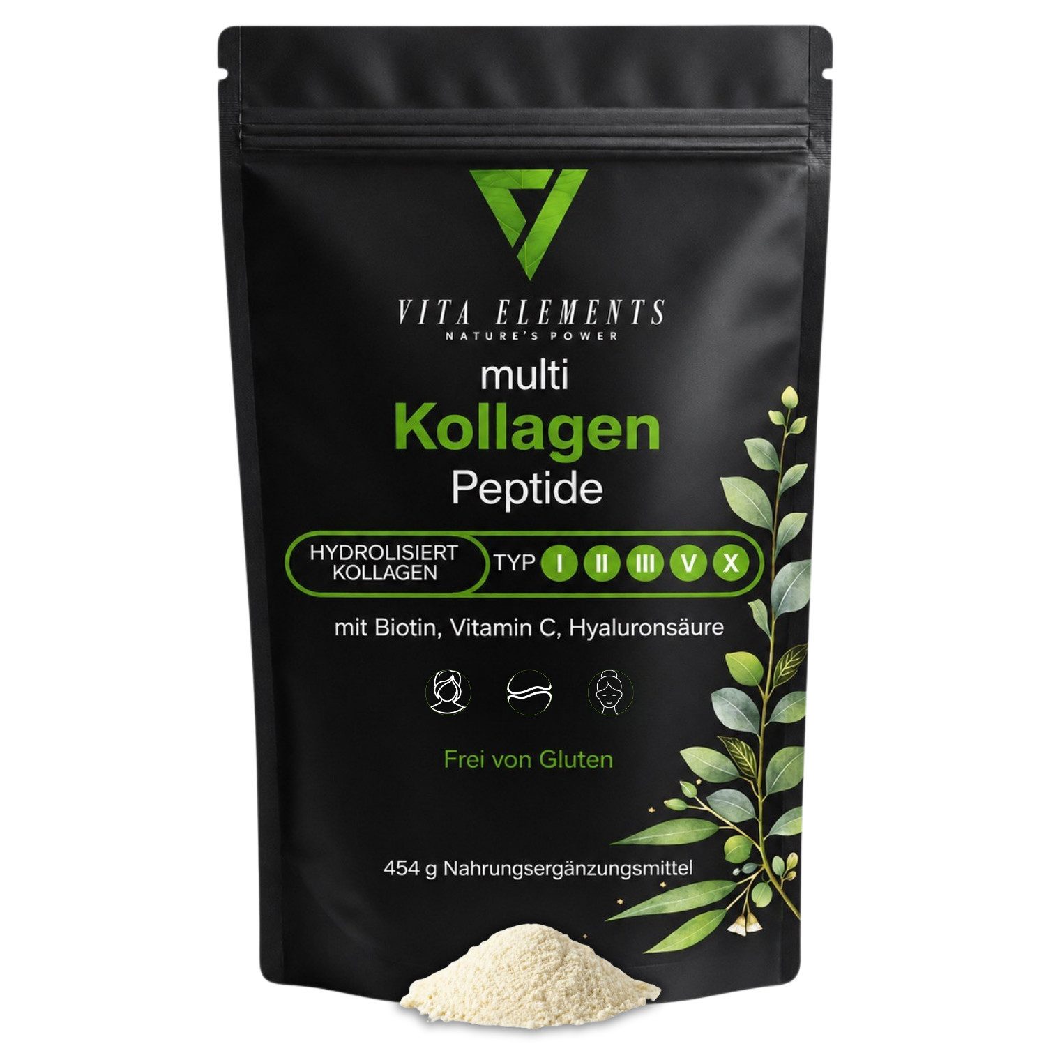 Vita Elements Kollagen Peptide Typ I, II, III, V, X Pulver, 1 er Packung à 454 g, Mit Biotin, Vitamin C, Hyaluronsäure, Frei von Gluten Laborgeprüft