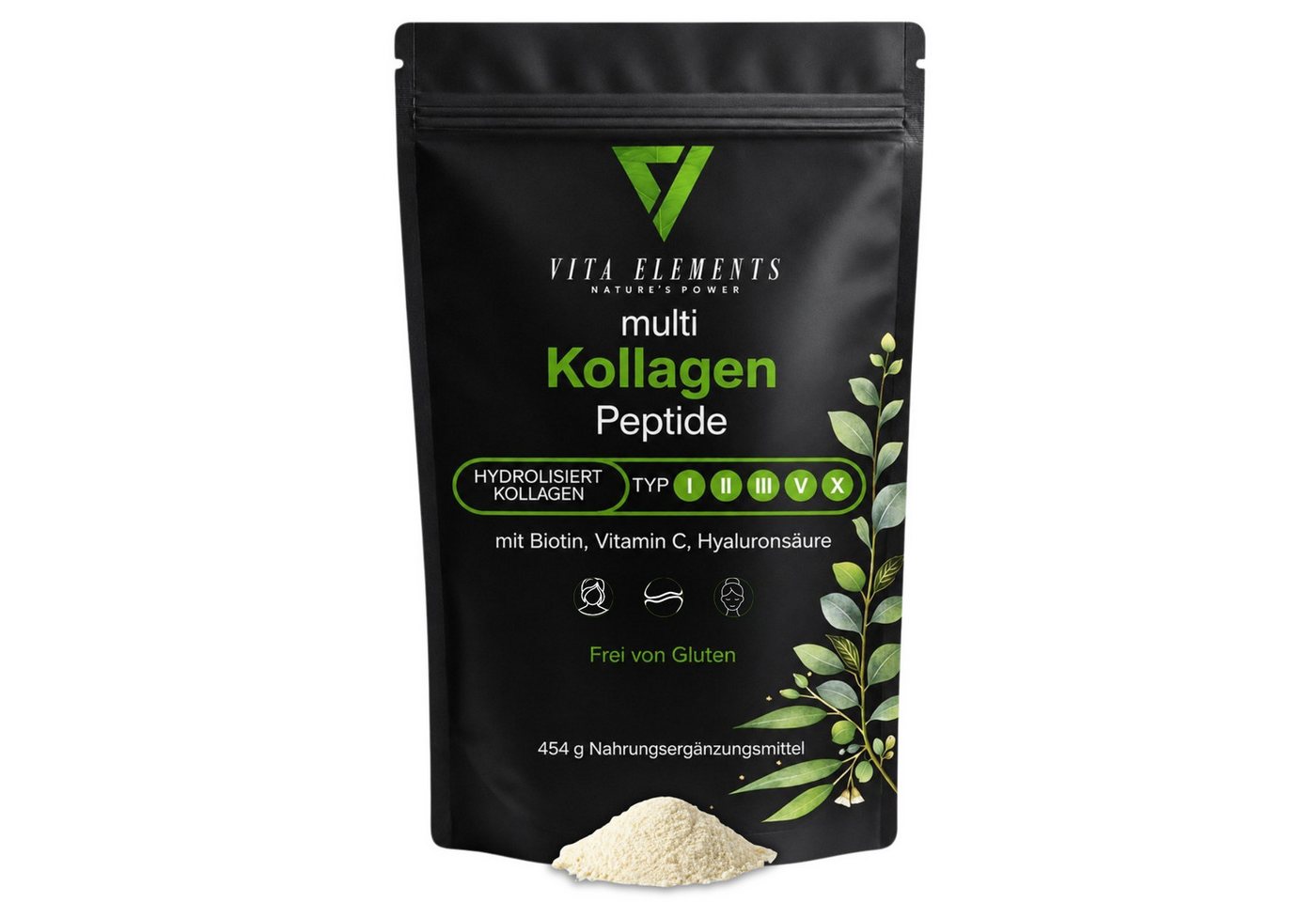 Vita Elements Kollagen Peptide Typ I, II, III, V, X mit Hyaluronsäure im Komplex Pulver, 1 er Packung à 454 g, Mit Biotin, Vitamin C, Hyaluronsäure, Frei von Gluten Laborgeprüft