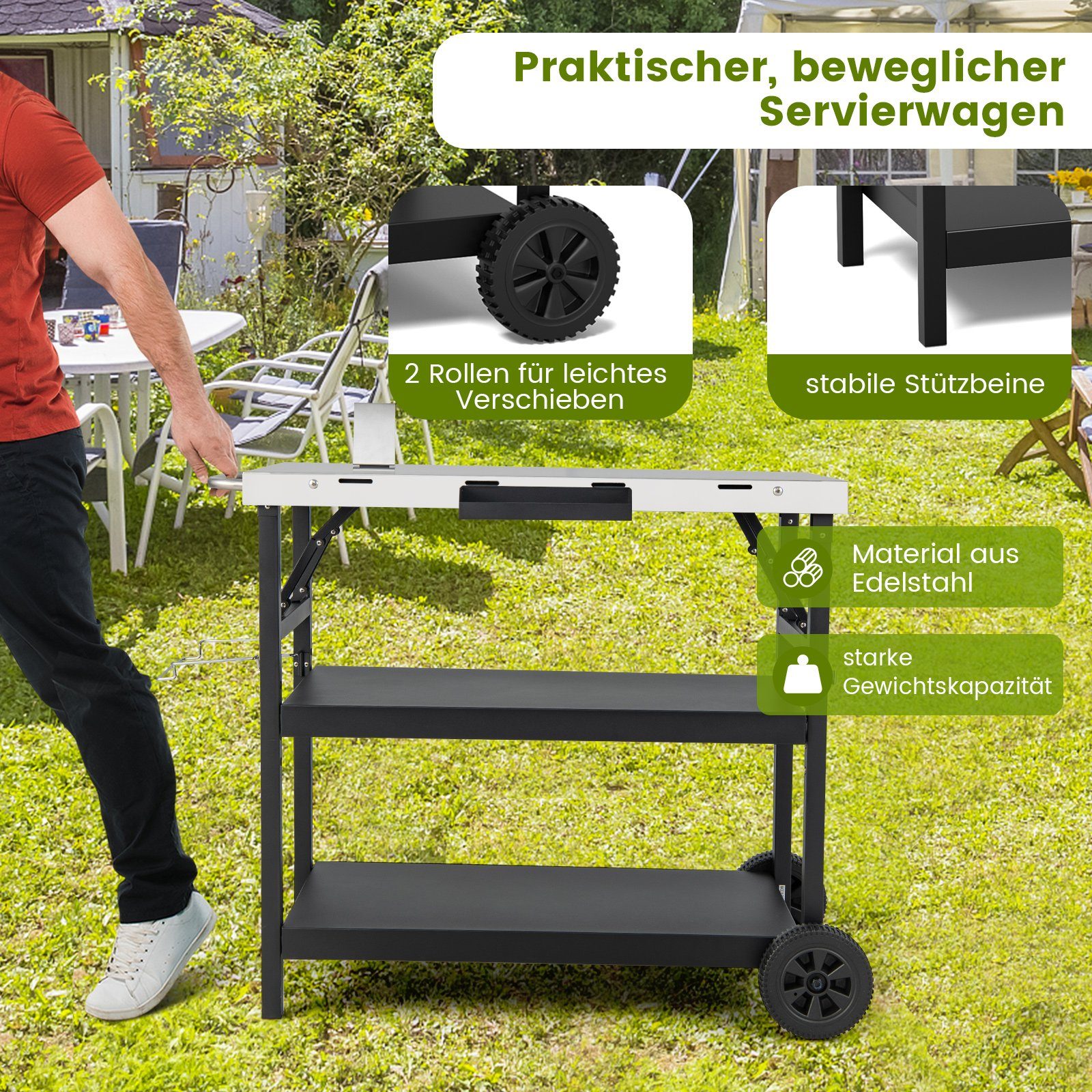 COSTWAY Grillwagen, grilltafel voor buiten, pizzatafel met 2 planken & 4 wielen & haken, grillbijzettafel serveerwagen tuintrolley voor buiten, 80 x 50,5 x 88 cm (2 planken