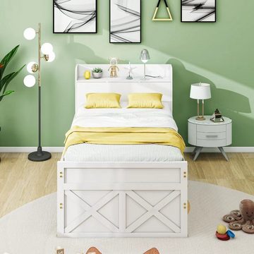 OKWISH Stauraumbett Einzelbett mit ausziehbarer Schublade Lattenrost (Nachttisch mit Ablagen mit USB-Buchse 90x190cm), ohne Matratze